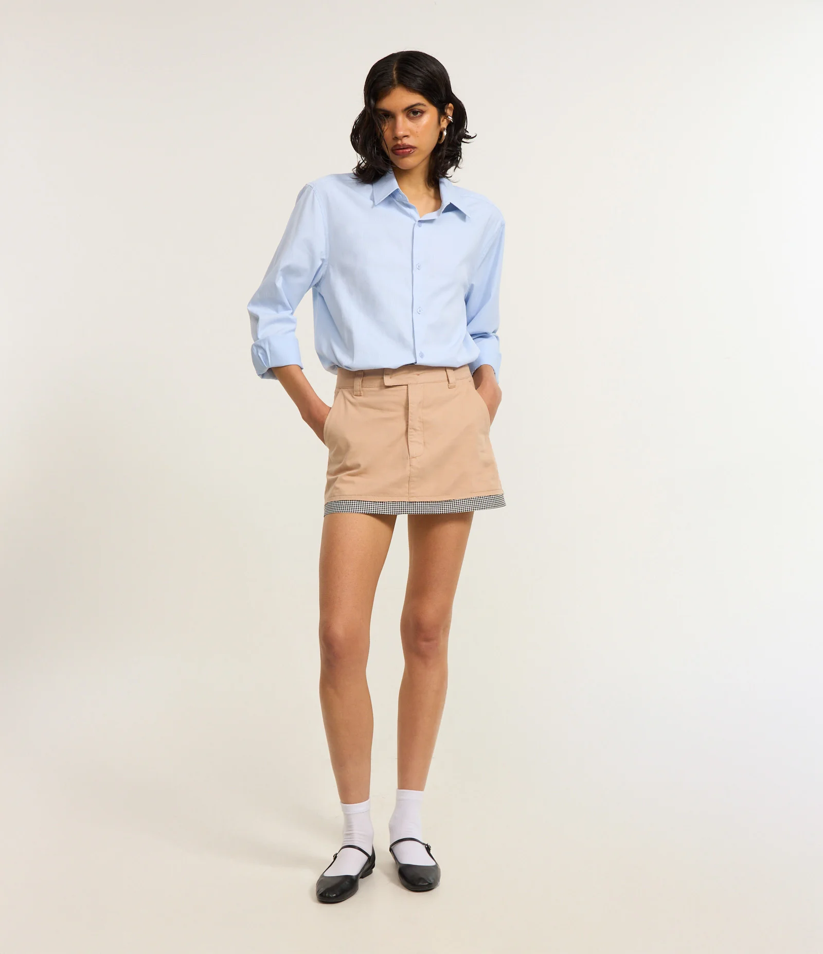 Mini Saia Alfaiatada em Sarja com Barra em Tricoline Rosa 1