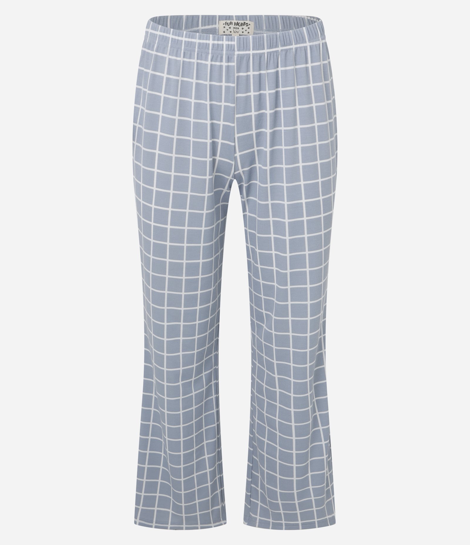 Pijama Longo em Ribana Xadrez com Decote de Renda Azul Claro 5