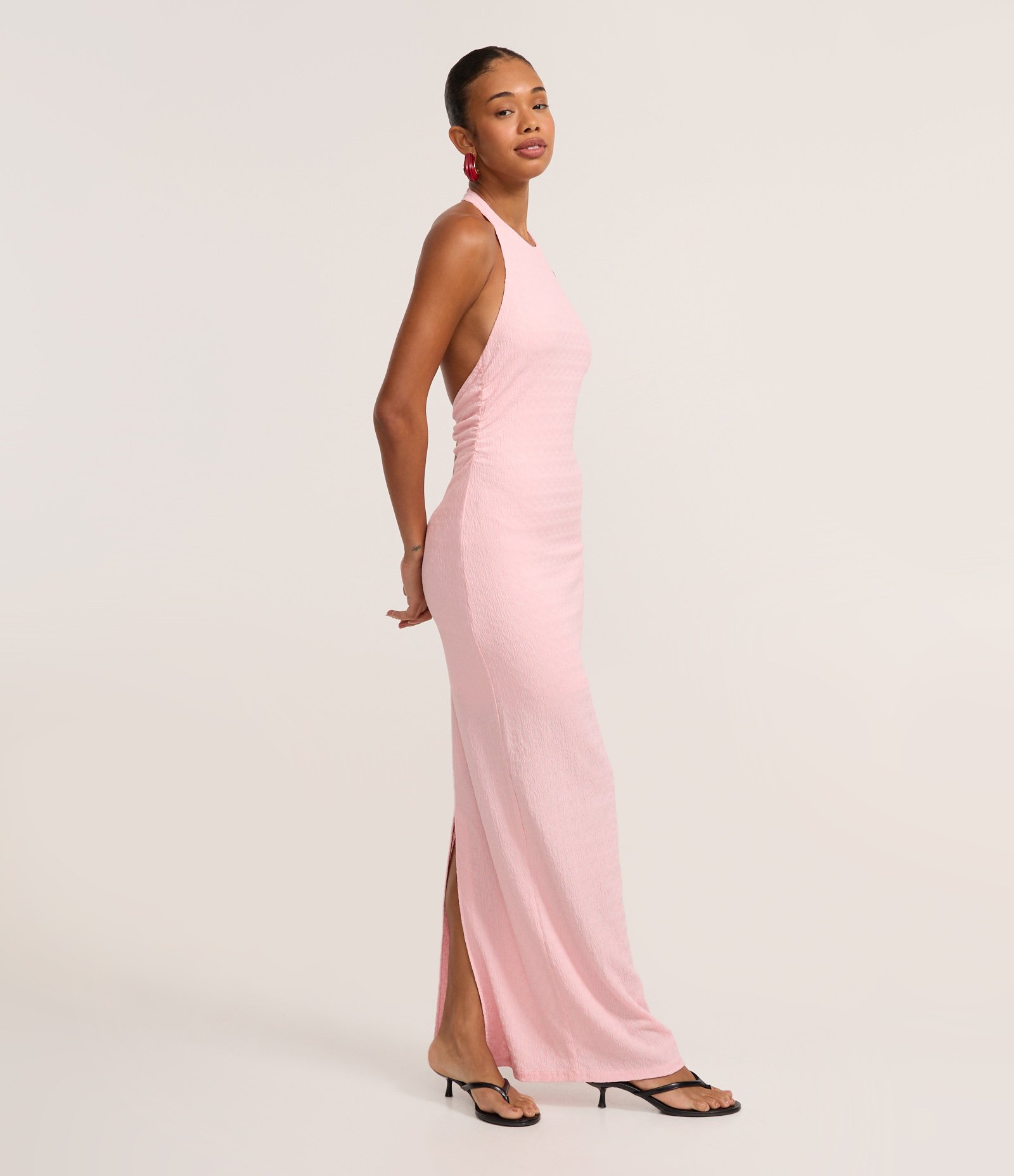Vestido Long Midi com Frente Única e Textura Rosa 1