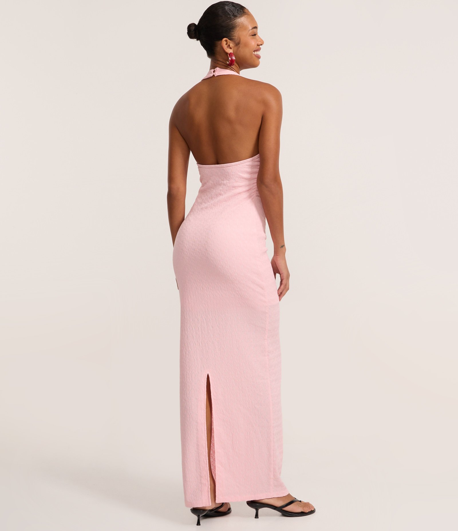 Vestido Long Midi com Frente Única e Textura Rosa 4