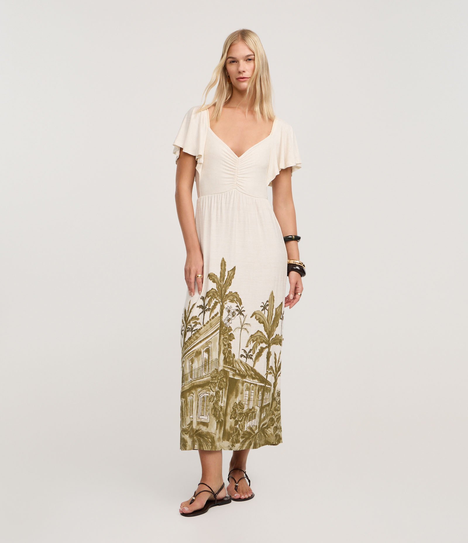 Vestido Longo com Manga Godê e Estampa Ouro Preto Off White 2