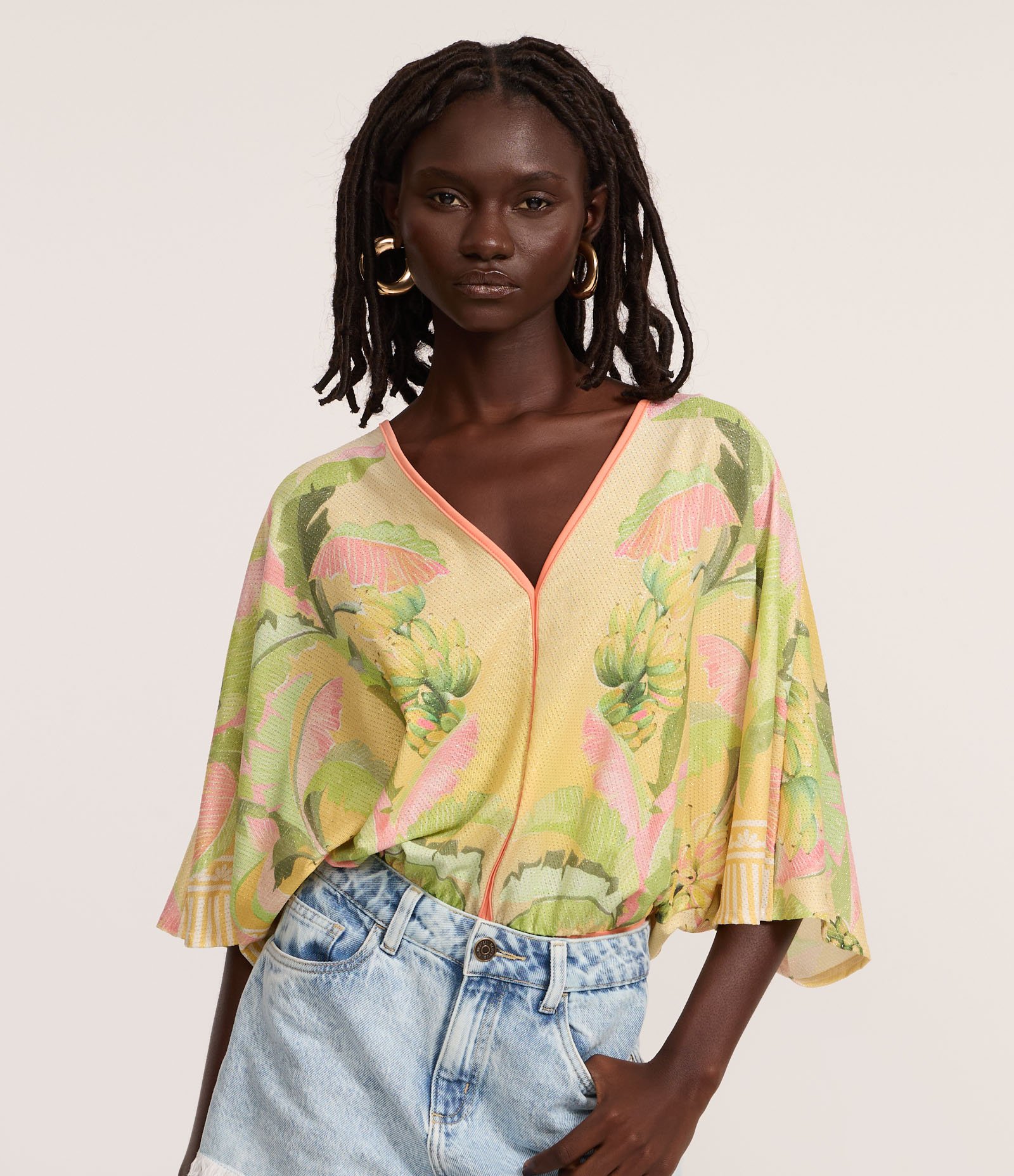 Body com Fio Metalizado e Estampa Tropical Amarelo 1