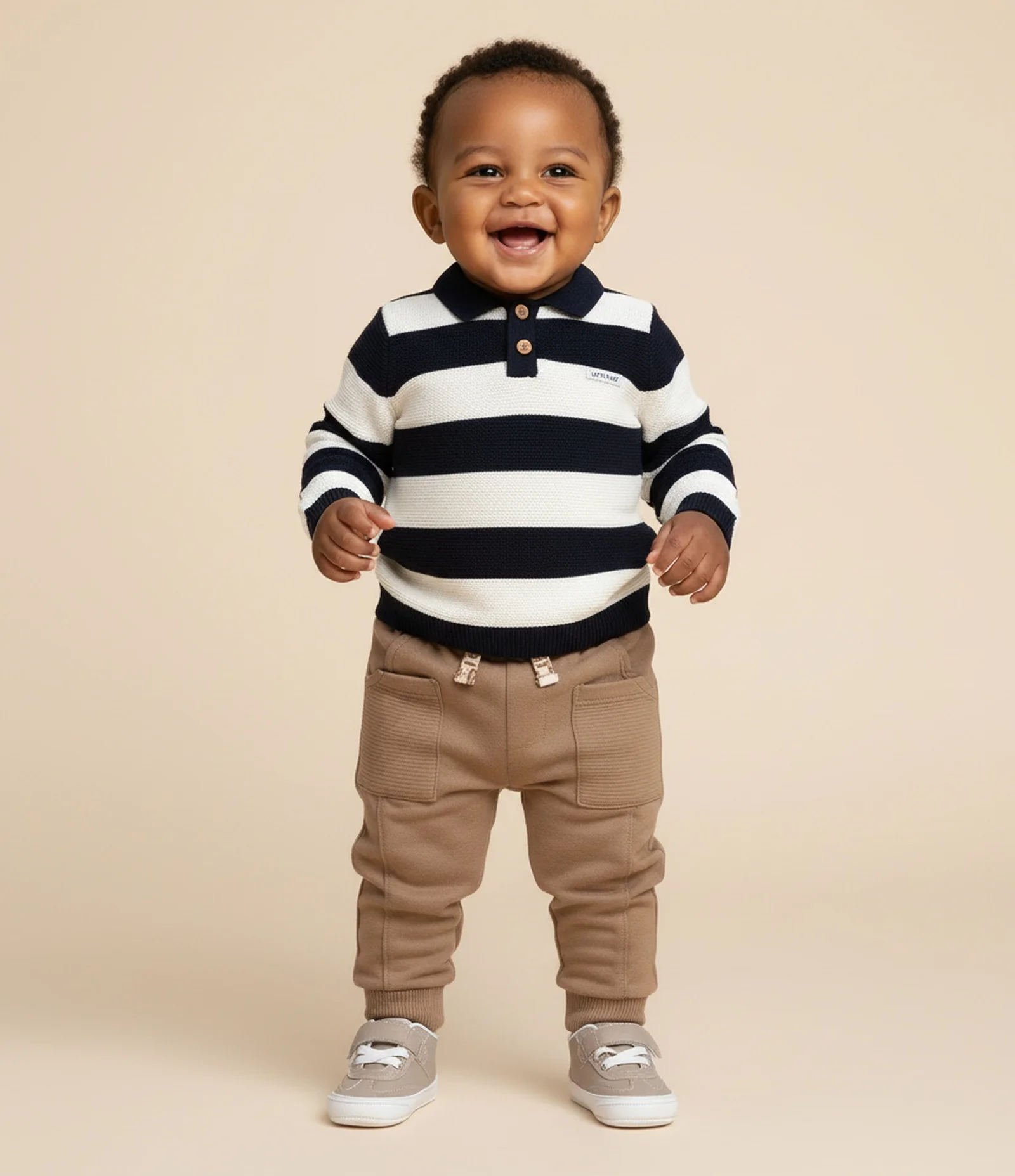 Casaco Infantil em Tricô com Gola Polo e Listras – Tam 0 a 18 Meses Azul Marinho/Off White 1