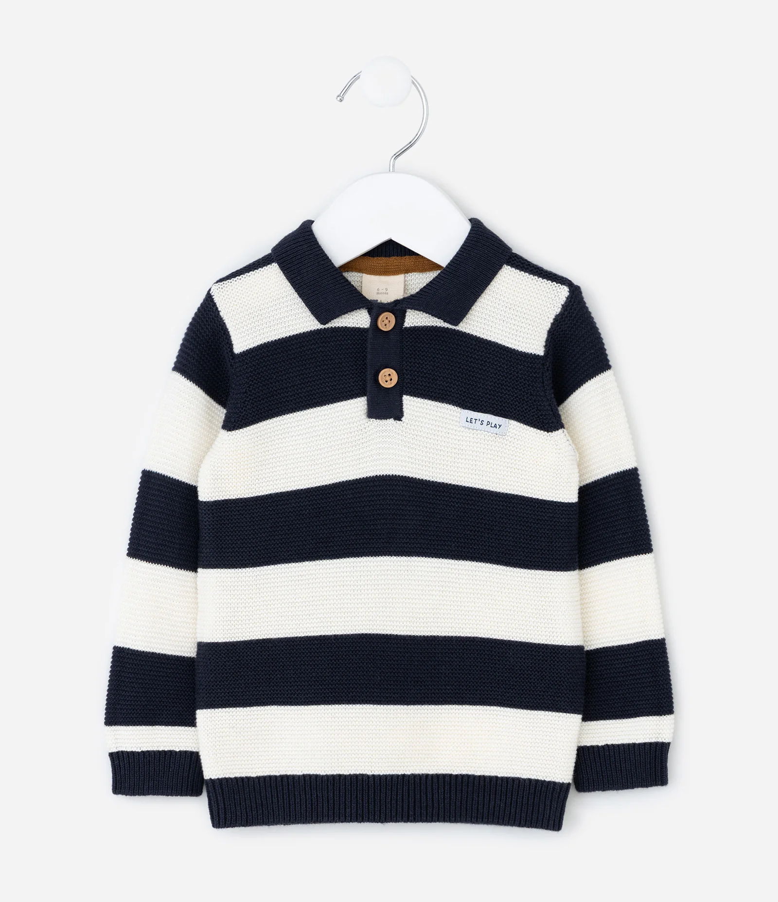 Casaco Infantil em Tricô com Gola Polo e Listras – Tam 0 a 18 Meses Azul Marinho/Off White 2