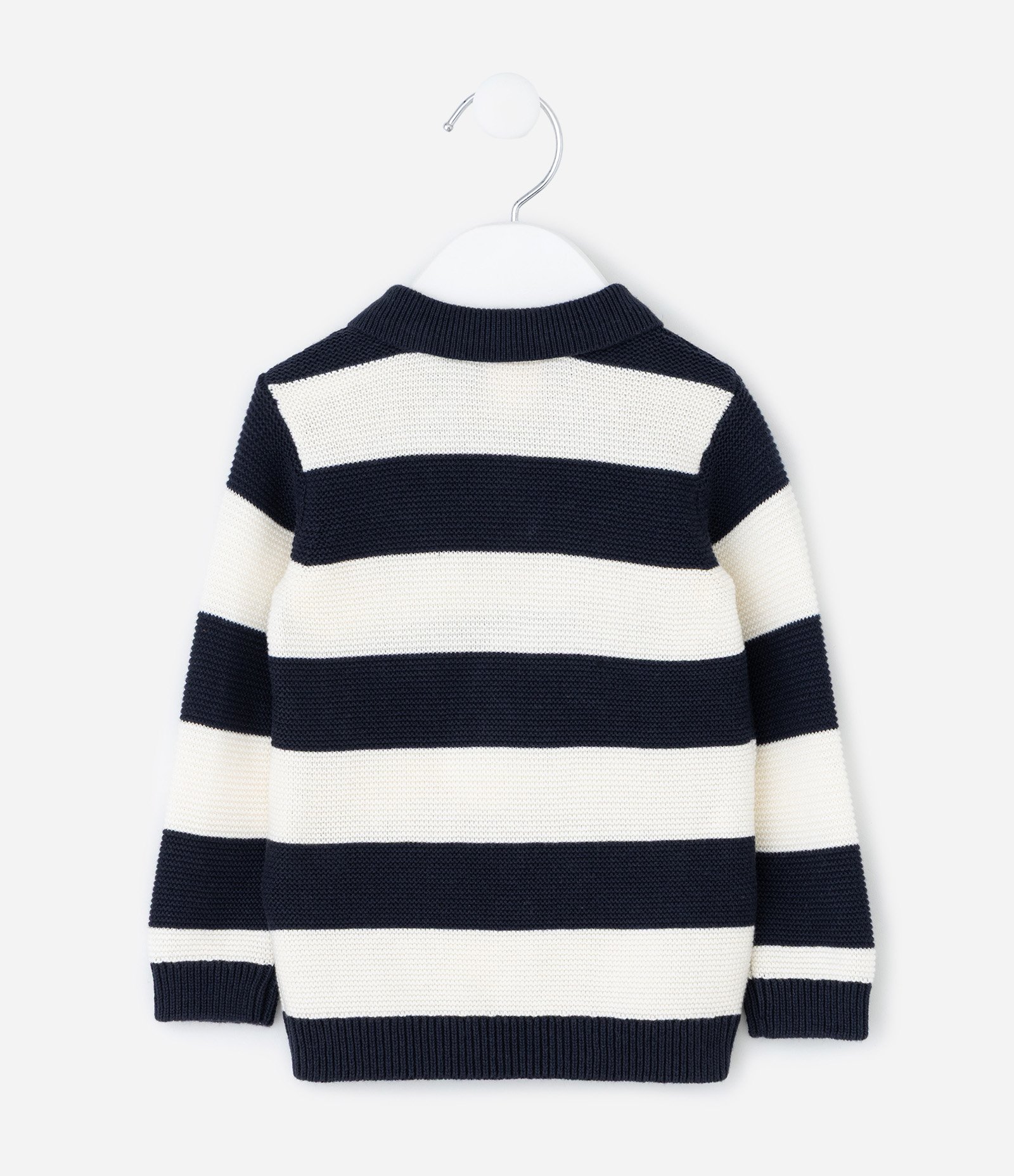 Casaco Infantil em Tricô com Gola Polo e Listras – Tam 0 a 18 Meses Azul Marinho/Off White 3