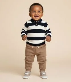 Casaco Infantil em Tricô com Gola Polo e Listras – Tam 0 a 18 Meses
