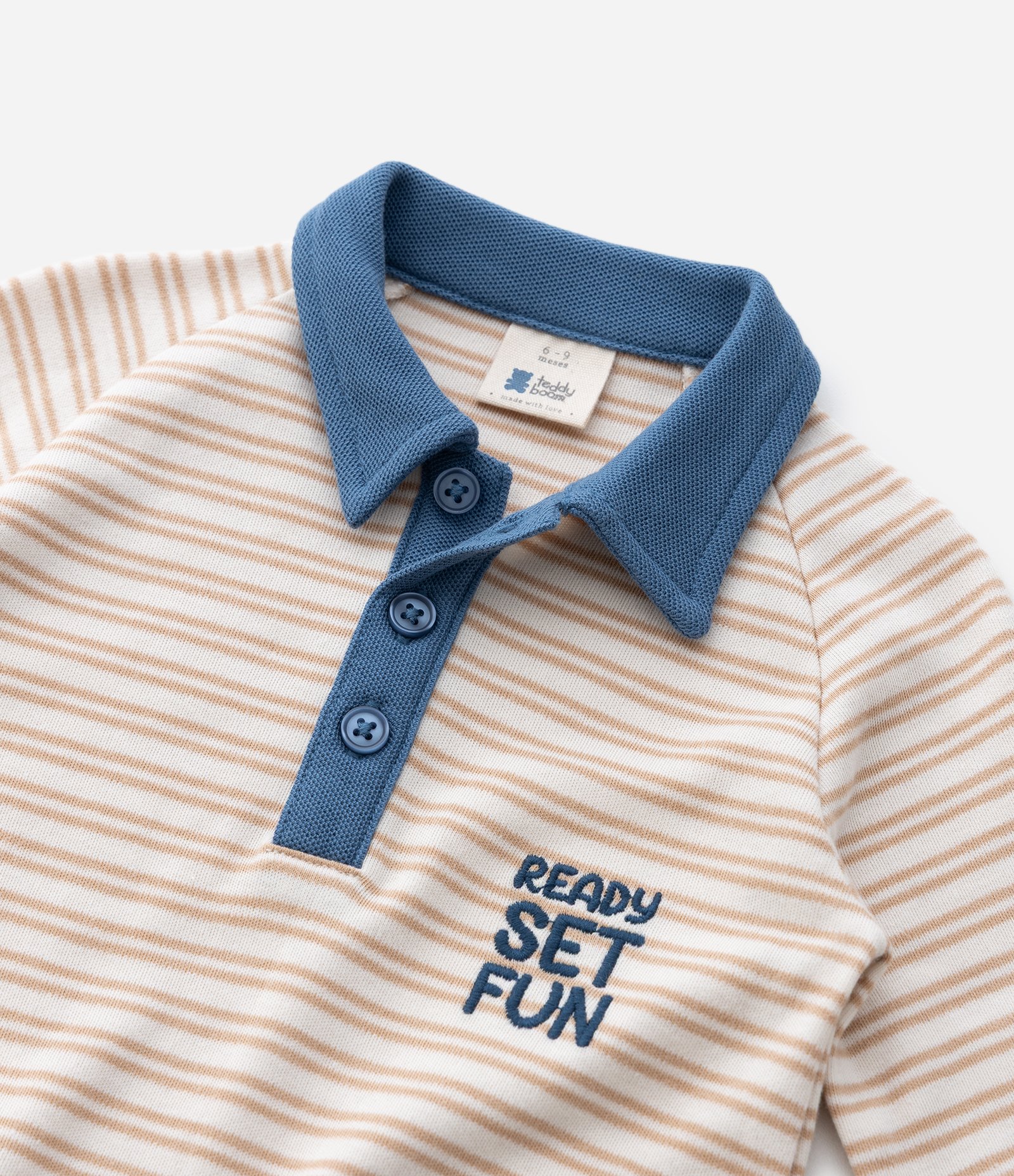 Macacão Infantil Listrado em Suedine com Gola Polo – Tam 0 a 18 Meses Bege 5