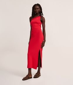 Vestido Long Midi com Ombro Só e Pregas Laterais
