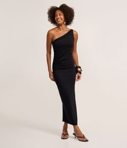 Vestido Long Midi com Ombro Só e Pregas Laterais
