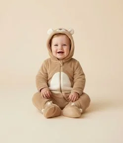 Macacão Infantil em Plush com Capuz de Urso – Tam 0 a 18 Meses