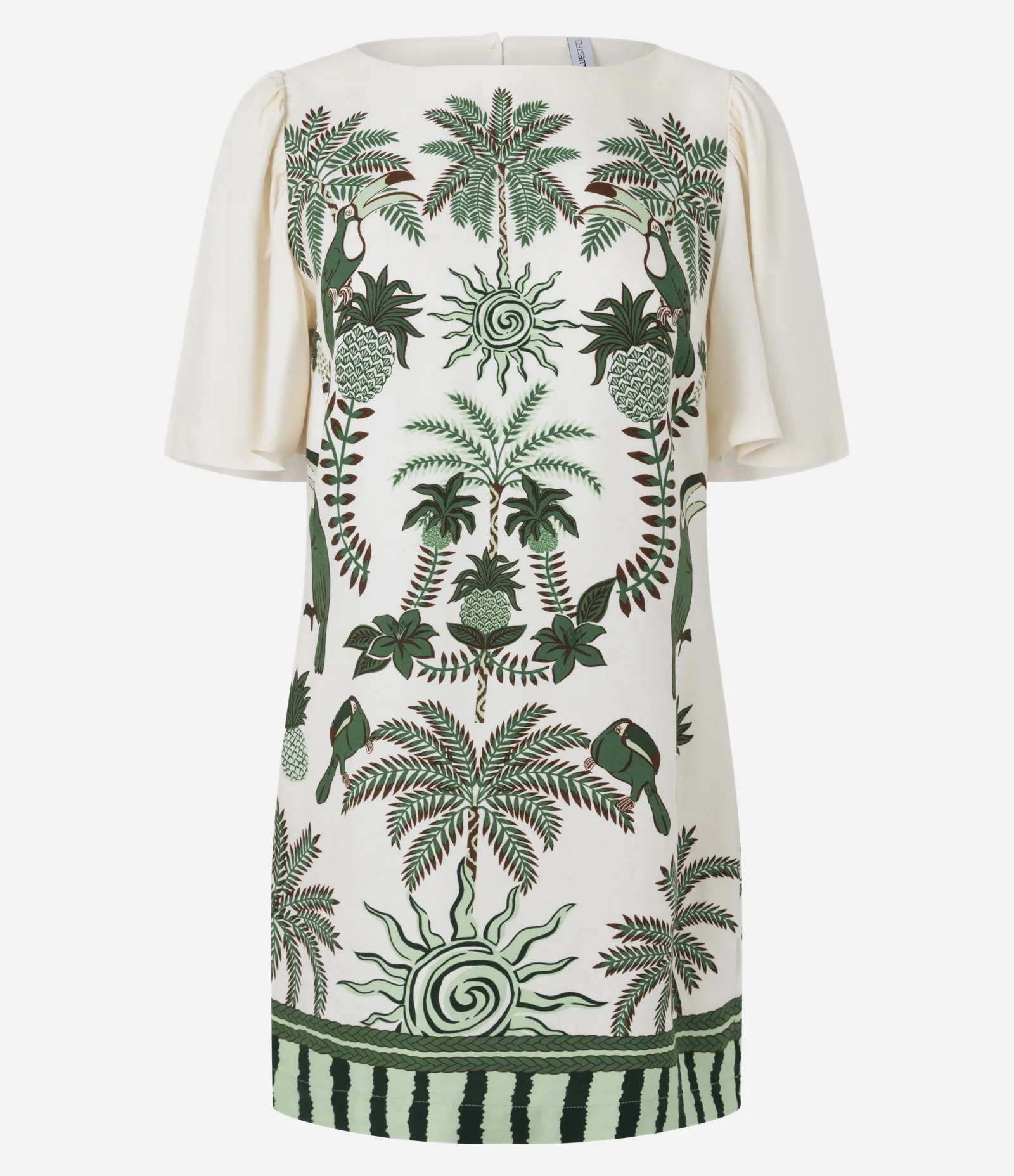 Vestido T-Shirt Curto com Estampa Tropical e Abertura nas Costas Off White 1