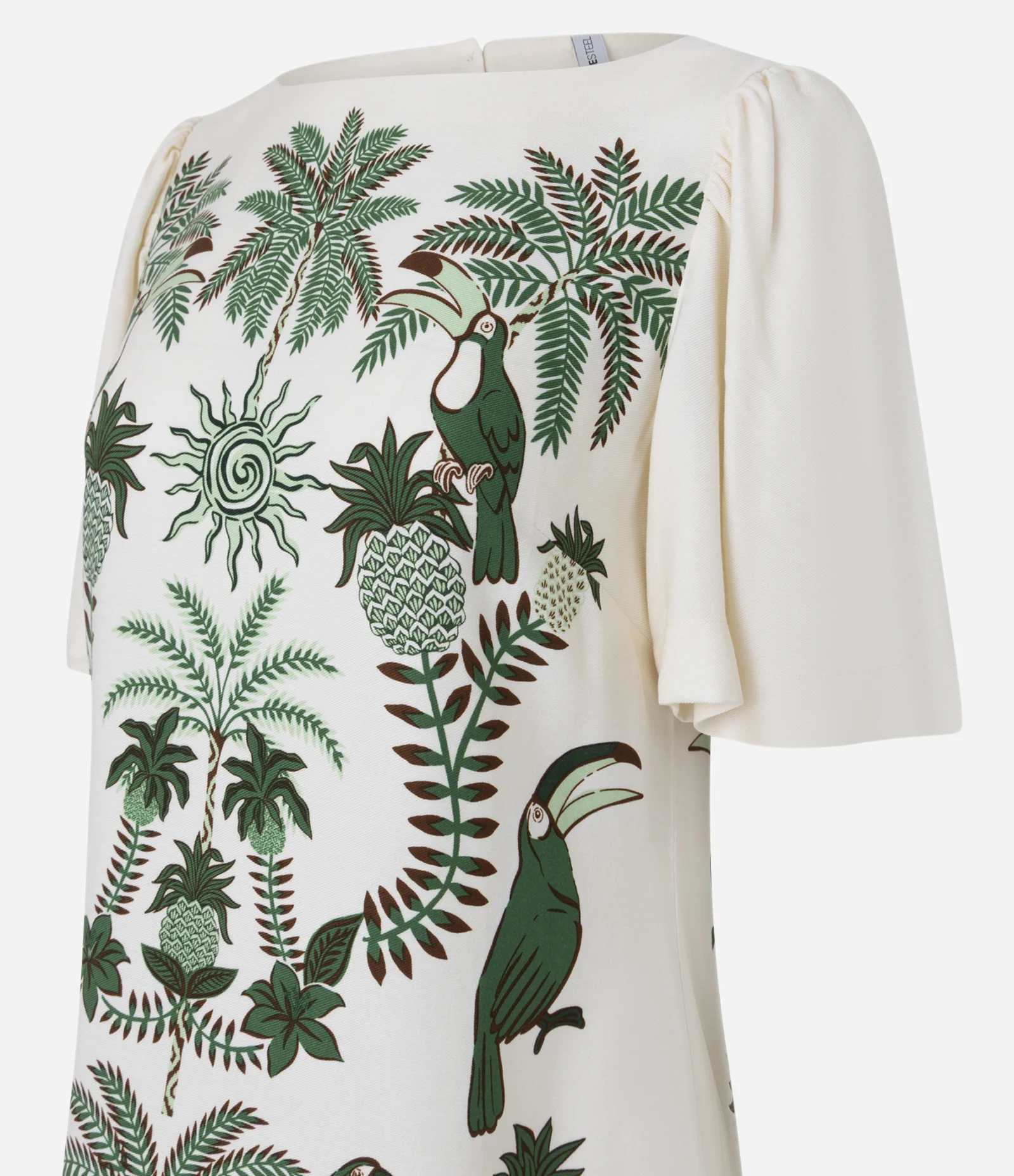 Vestido T-Shirt Curto com Estampa Tropical e Abertura nas Costas Off White 2