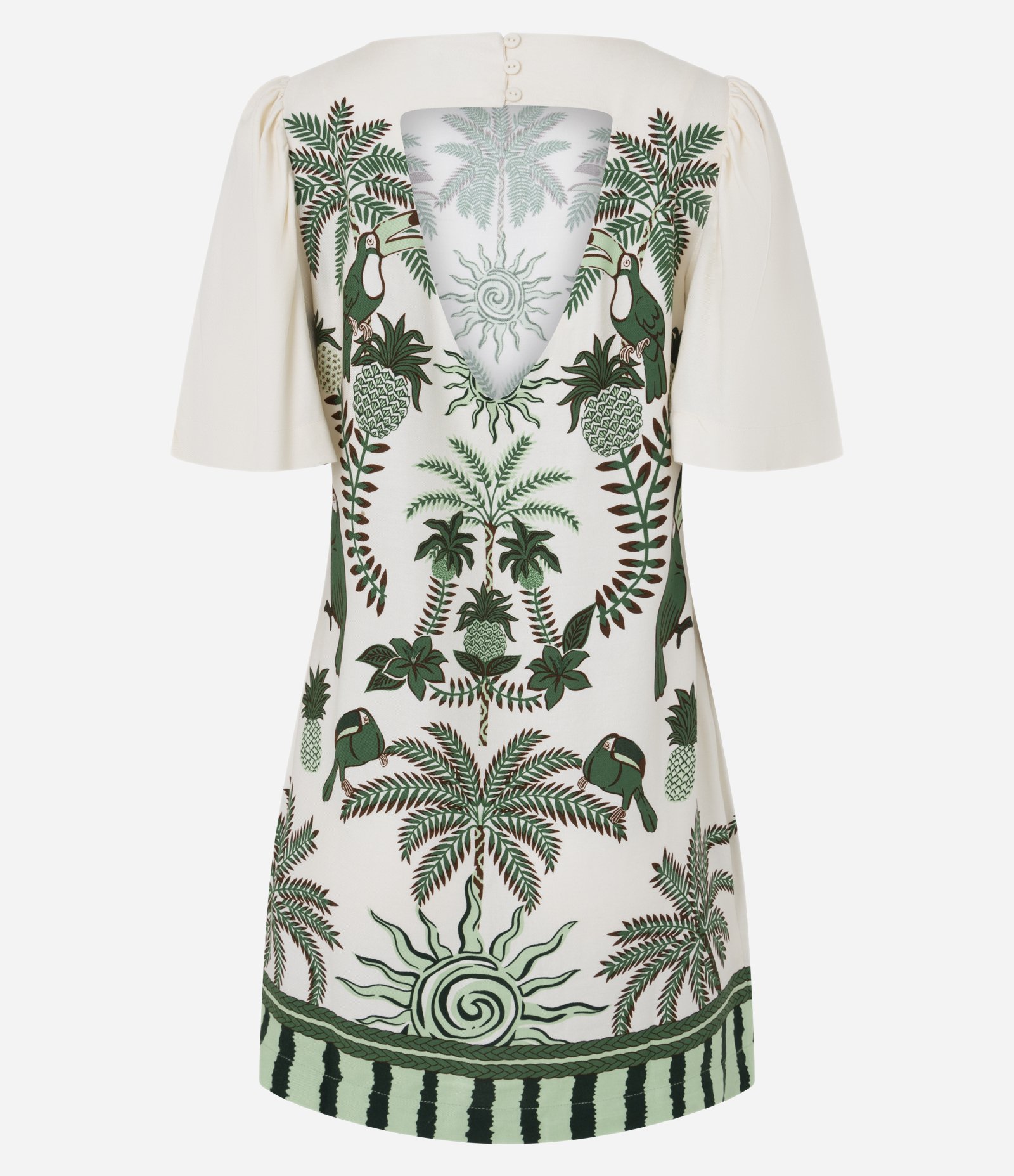 Vestido T-Shirt Curto com Estampa Tropical e Abertura nas Costas Off White 3