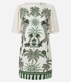Vestido T-Shirt Curto com Estampa Tropical e Abertura nas Costas