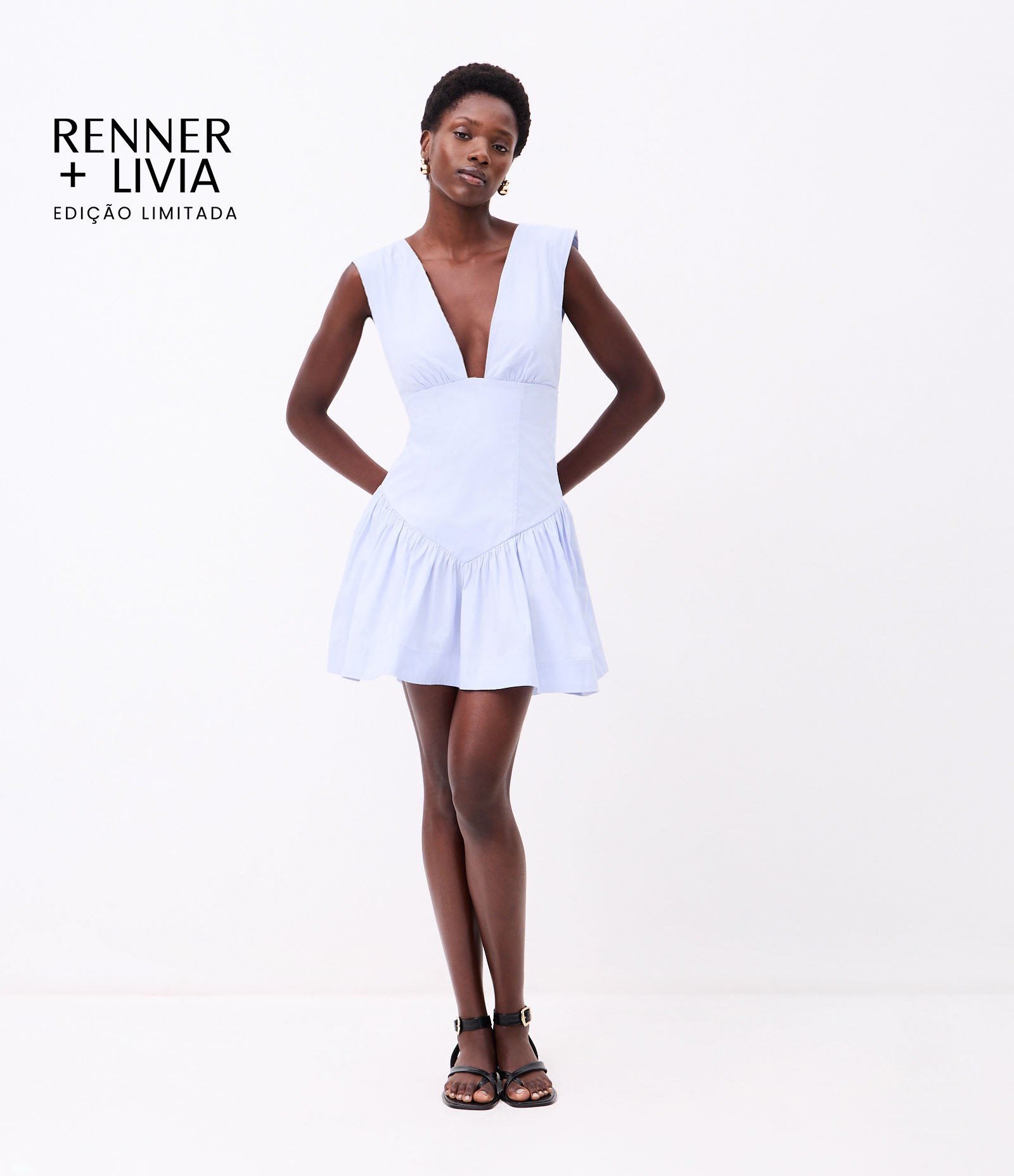 Vestido Curto em Tricoline com Amarração Multifuncional e Franzidos Azul 1