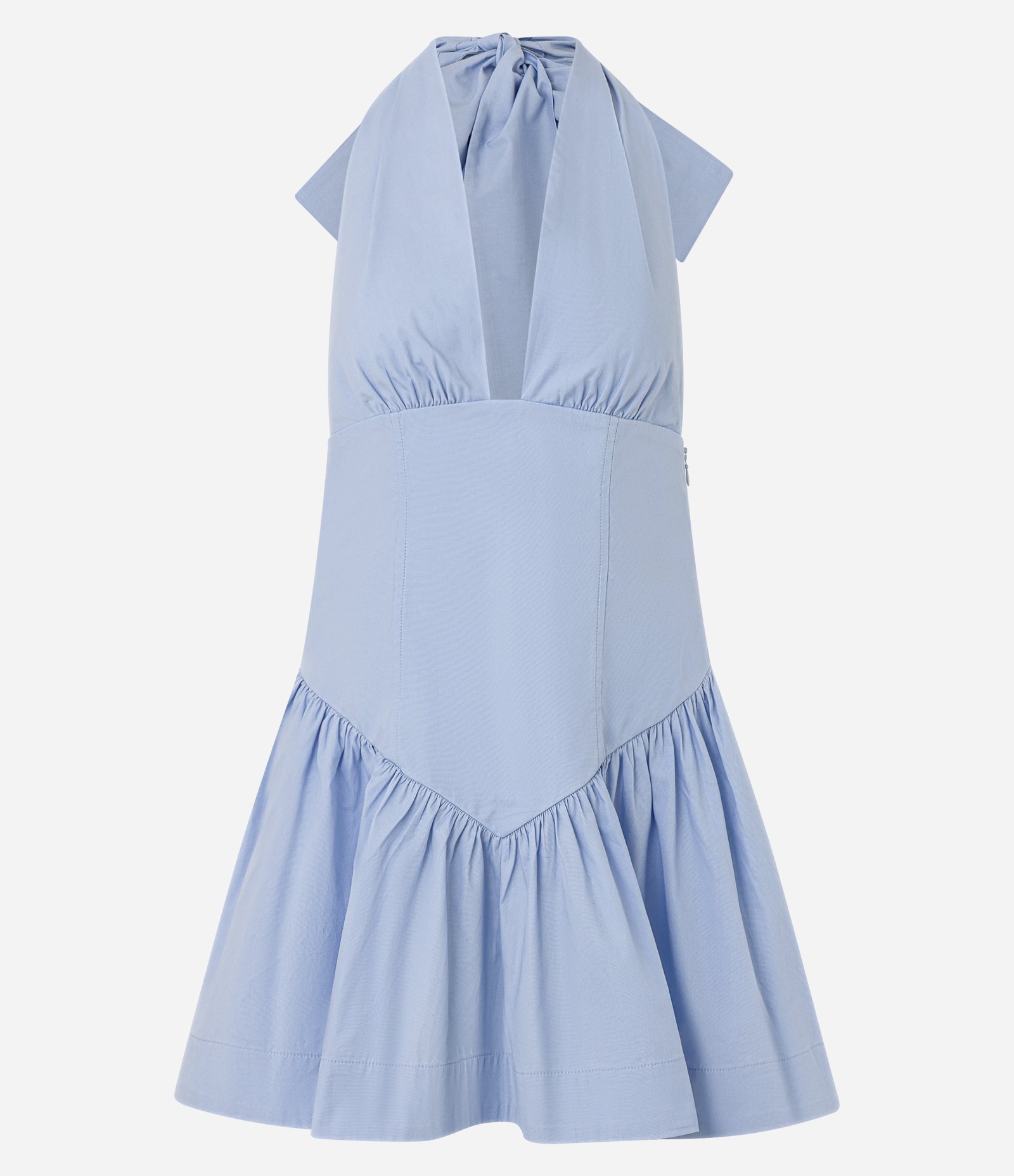 Vestido Curto em Tricoline com Amarração Multifuncional e Franzidos Azul 10