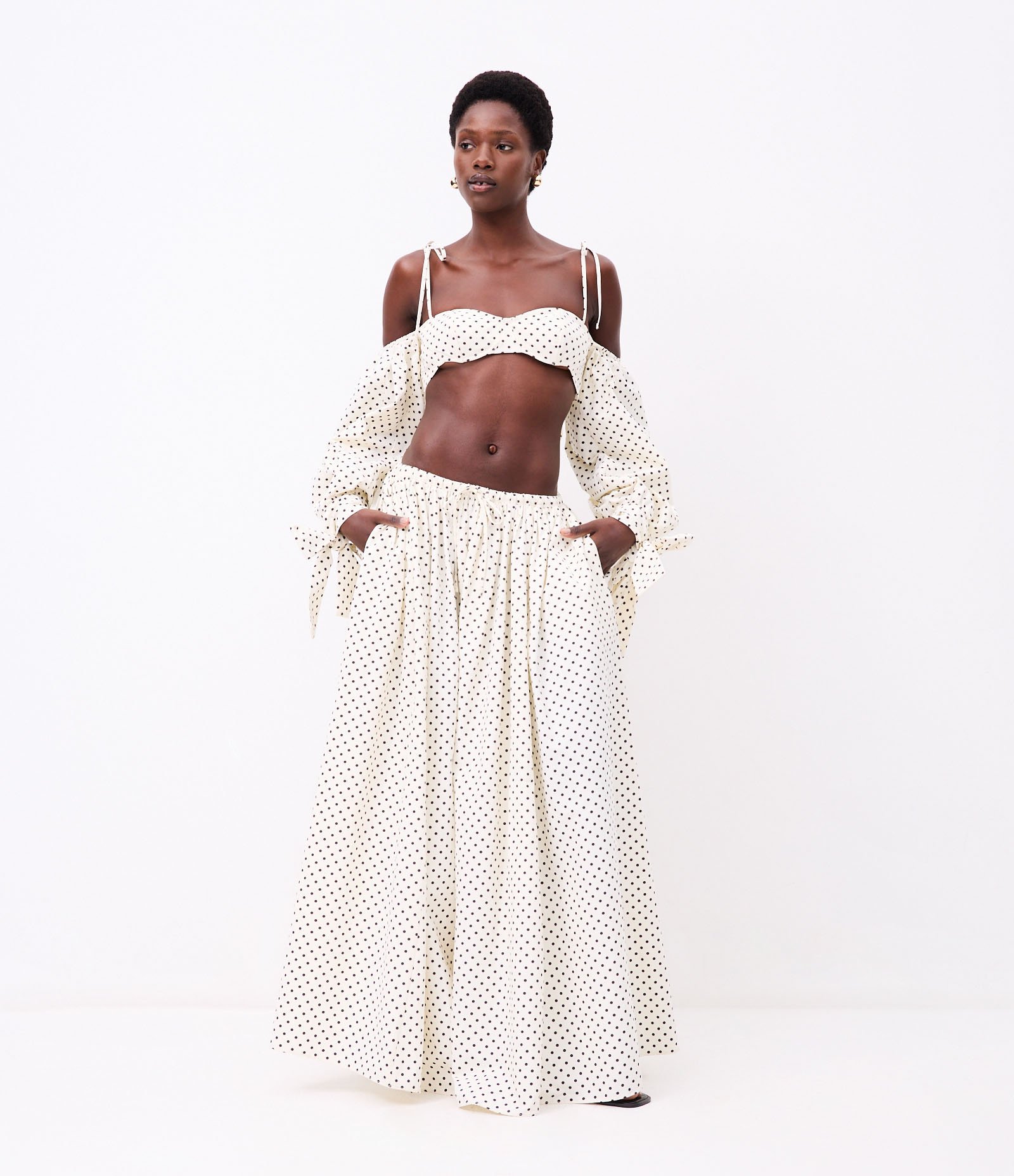 Saia Longa em Tricoline com Amarração e Estampa Poá Off White 2