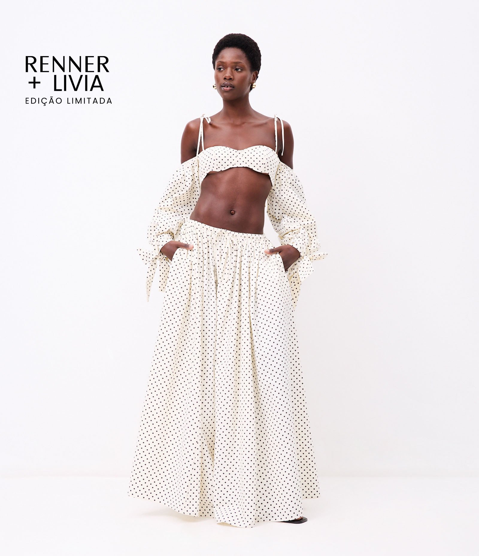 Saia Longa em Tricoline com Amarração e Estampa Poá Off White 1