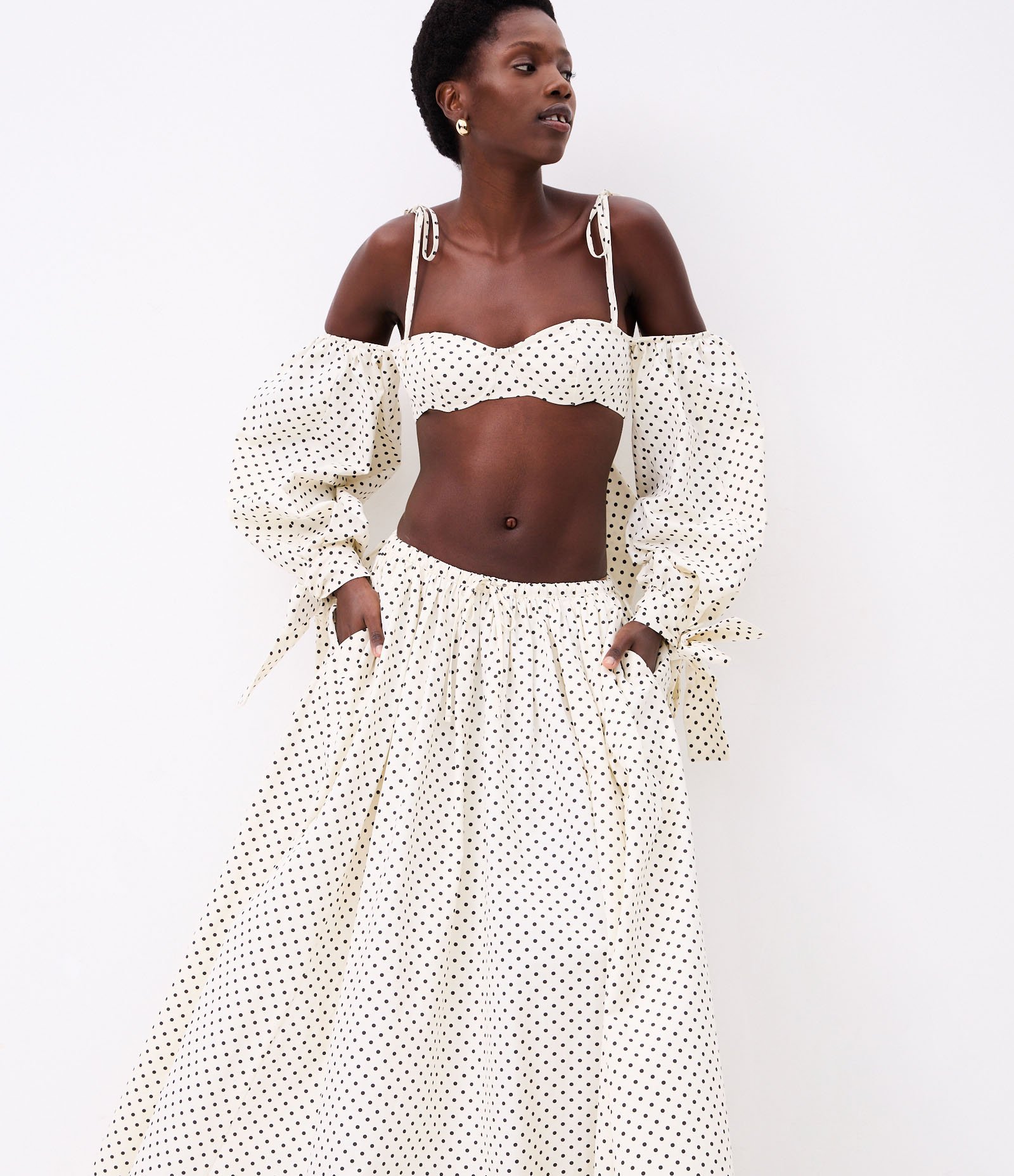 Saia Longa em Tricoline com Amarração e Estampa Poá Off White 3