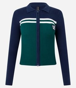 Blusa Gola Polo em Tricô com Estampa Náutica e Zíper