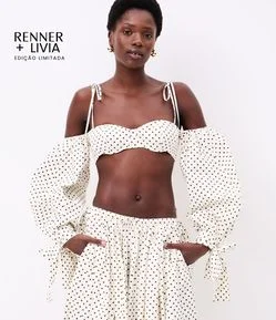 Top de Manga em Tricoline Poá com Amarração Laço