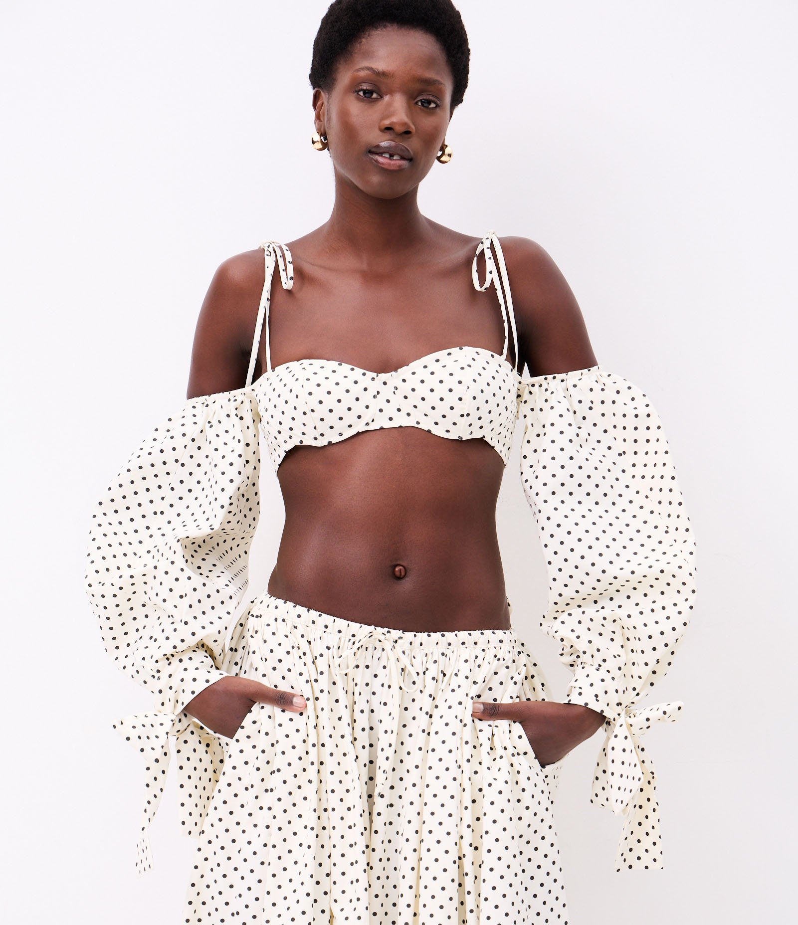 Top de Manga em Tricoline Poá com Amarração Laço Off White 2