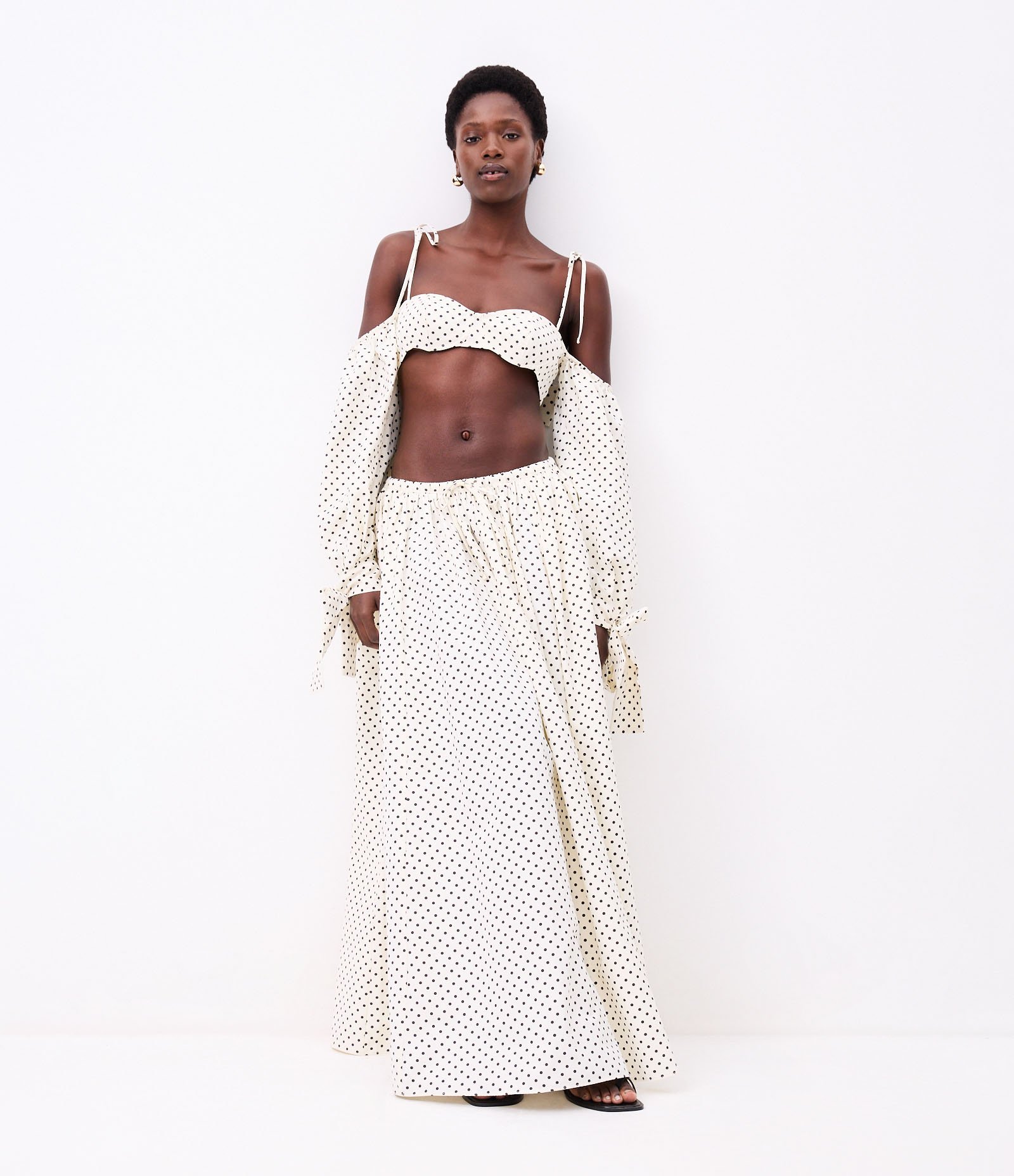 Top de Manga em Tricoline Poá com Amarração Laço Off White 3