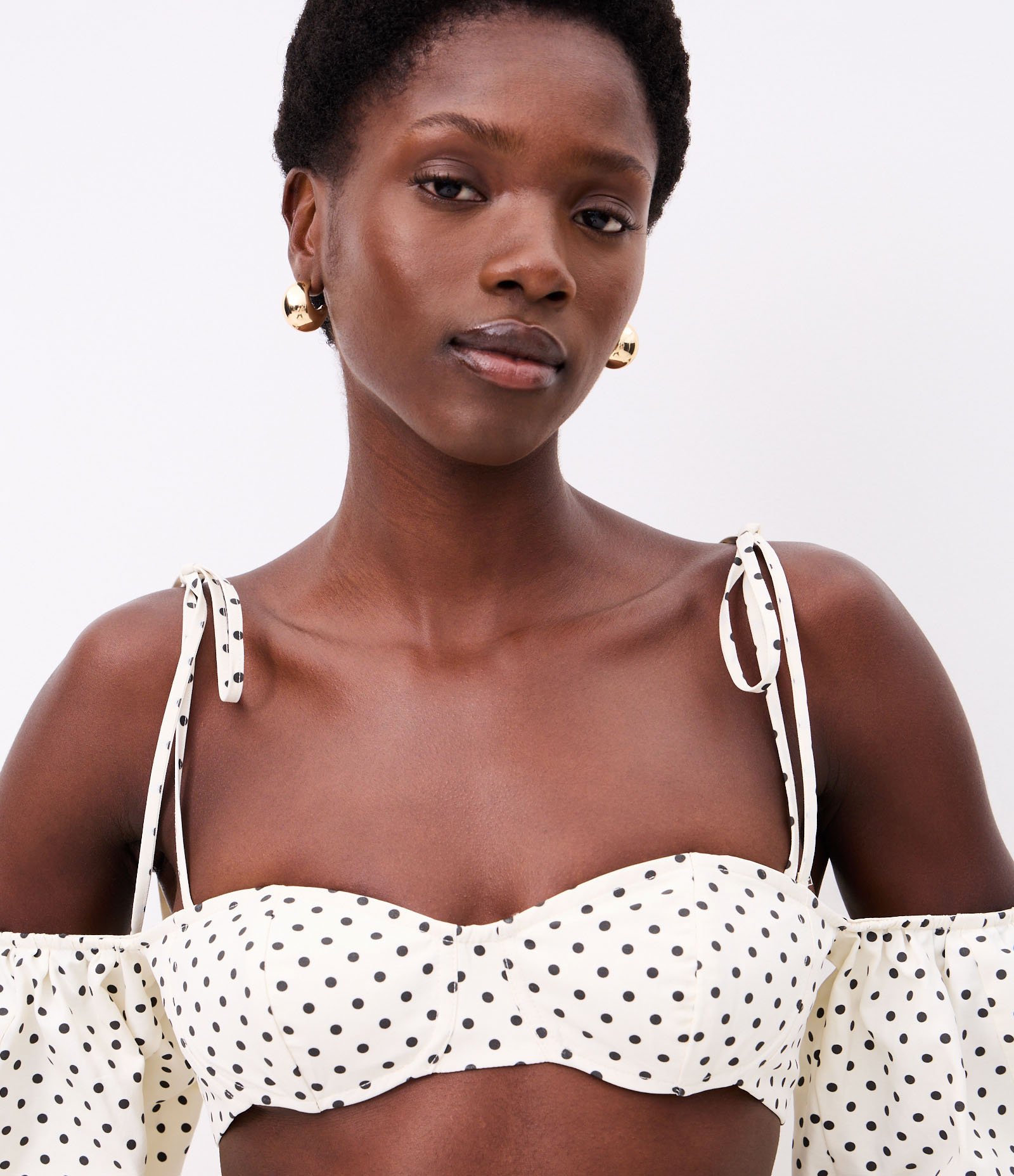 Top de Manga em Tricoline Poá com Amarração Laço Off White 4