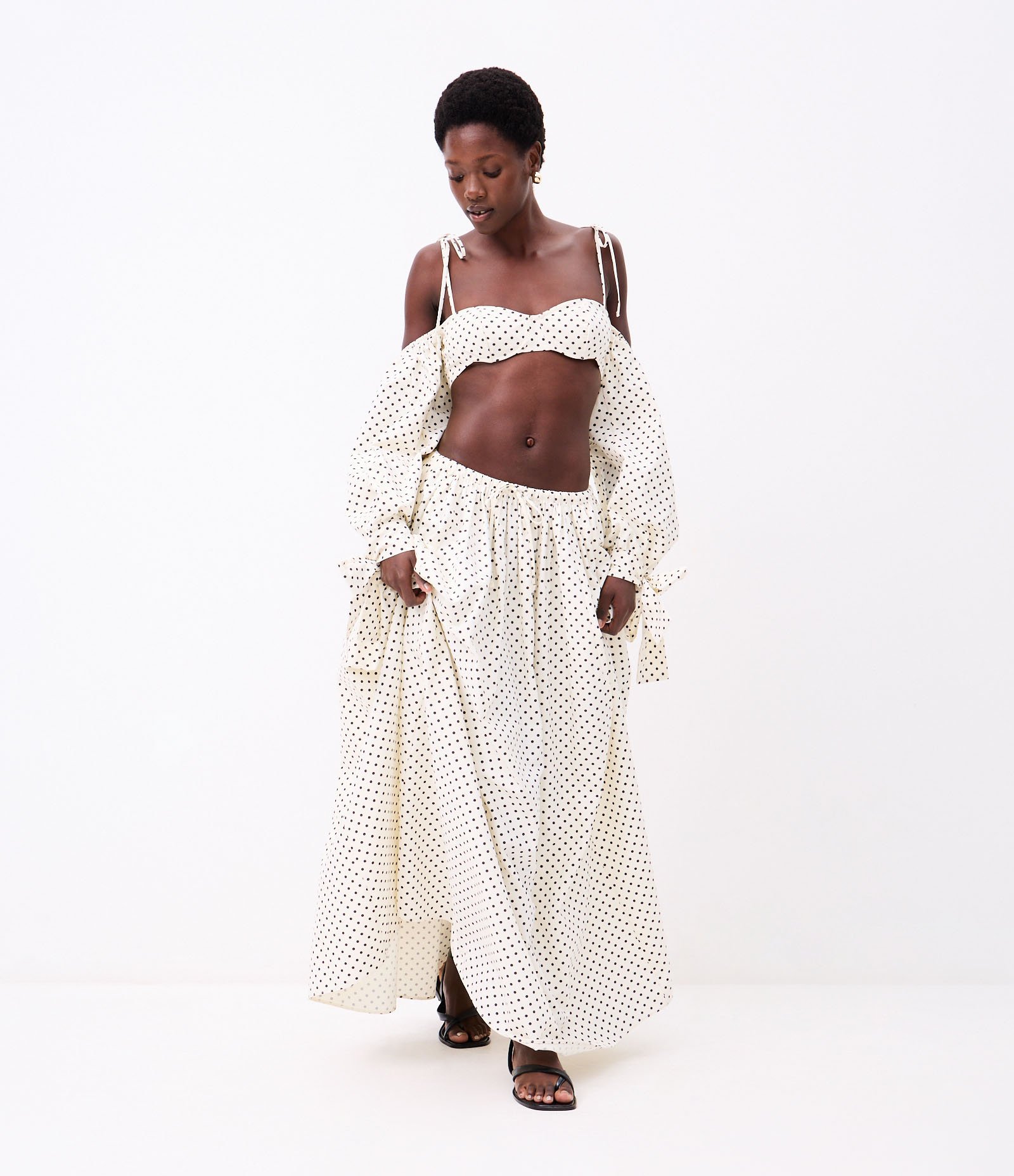 Top de Manga em Tricoline Poá com Amarração Laço Off White 6