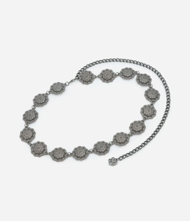 Cinto Médio em Corrente de Metal com Detalhes de Flores