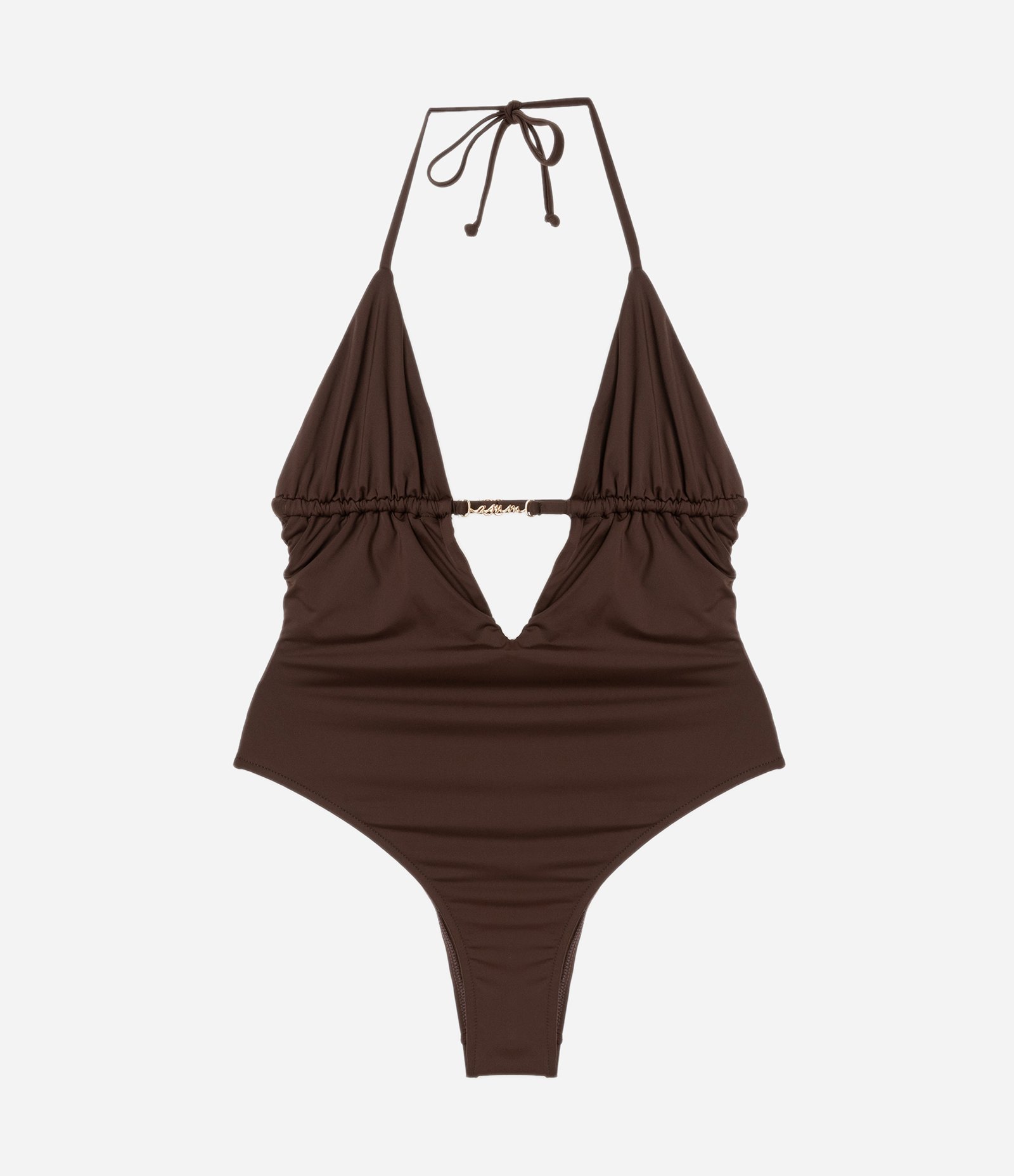 Maiô Cavado em Microfibra com Recorte e Aviamento Metalizado Marrom 7