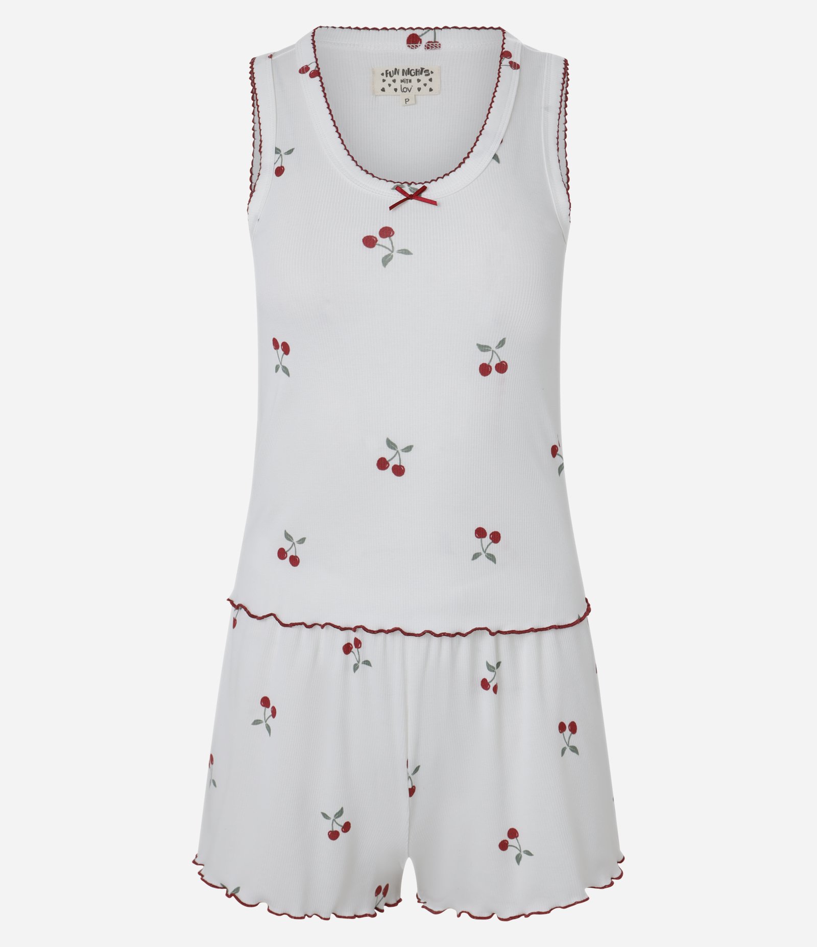 Pijama Short Doll em Ribana com Estampa de Cerejas e Picueta Branco 2