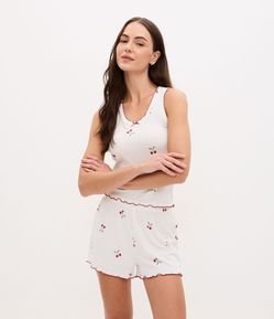 Pijama Short Doll em Ribana com Estampa de Cerejas e Picueta