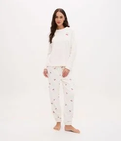 Pijama Longo em Fleece com Estampa de Cereja