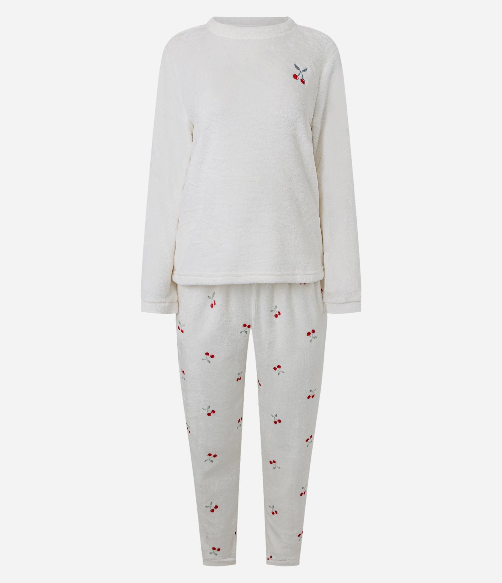 Pijama Longo em Fleece com Estampa de Cereja Branco 4