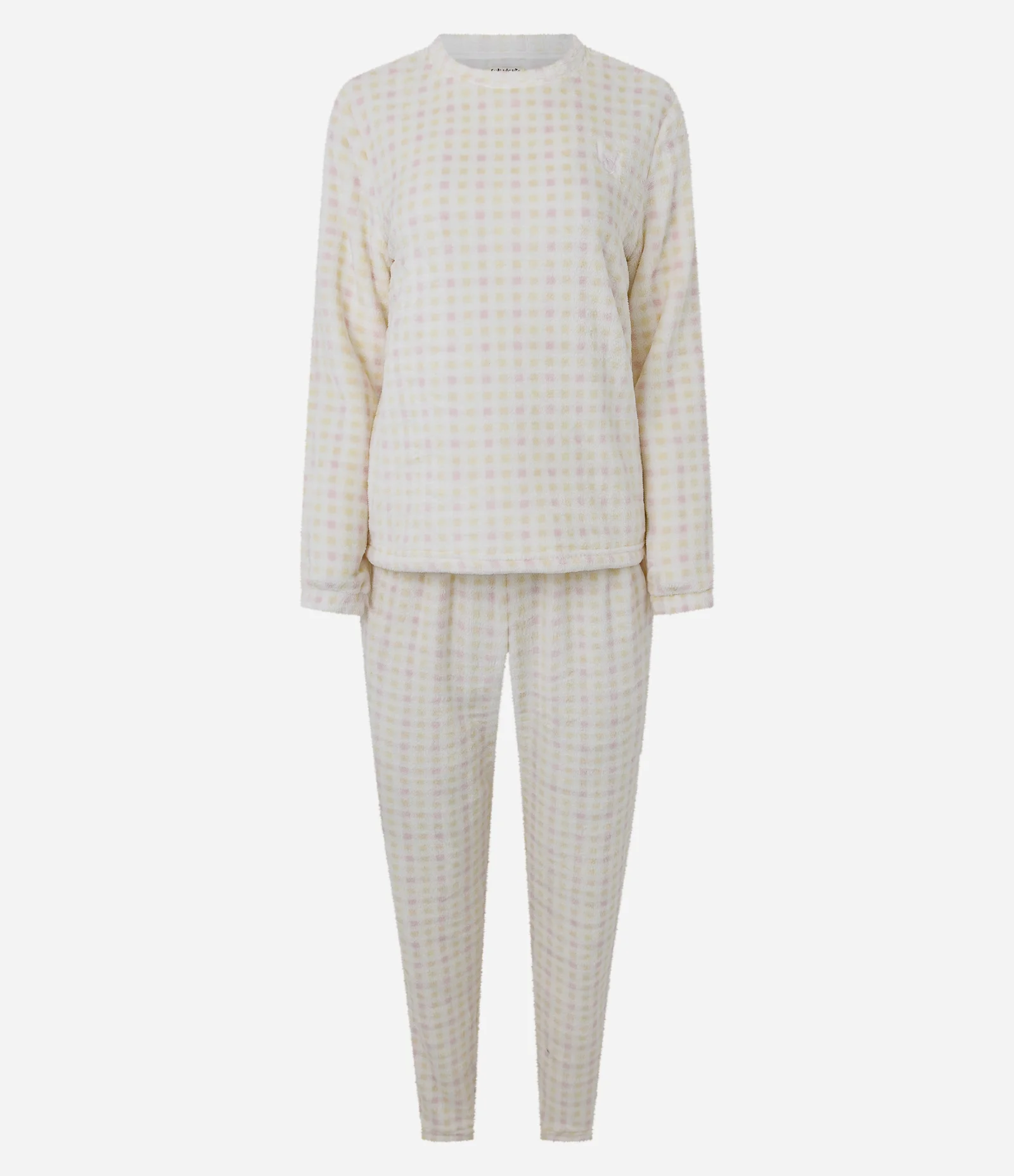 Pijama Longo em Fleece com Estampa Xadrez Vichy Branco/Amarelo/Rosa 1