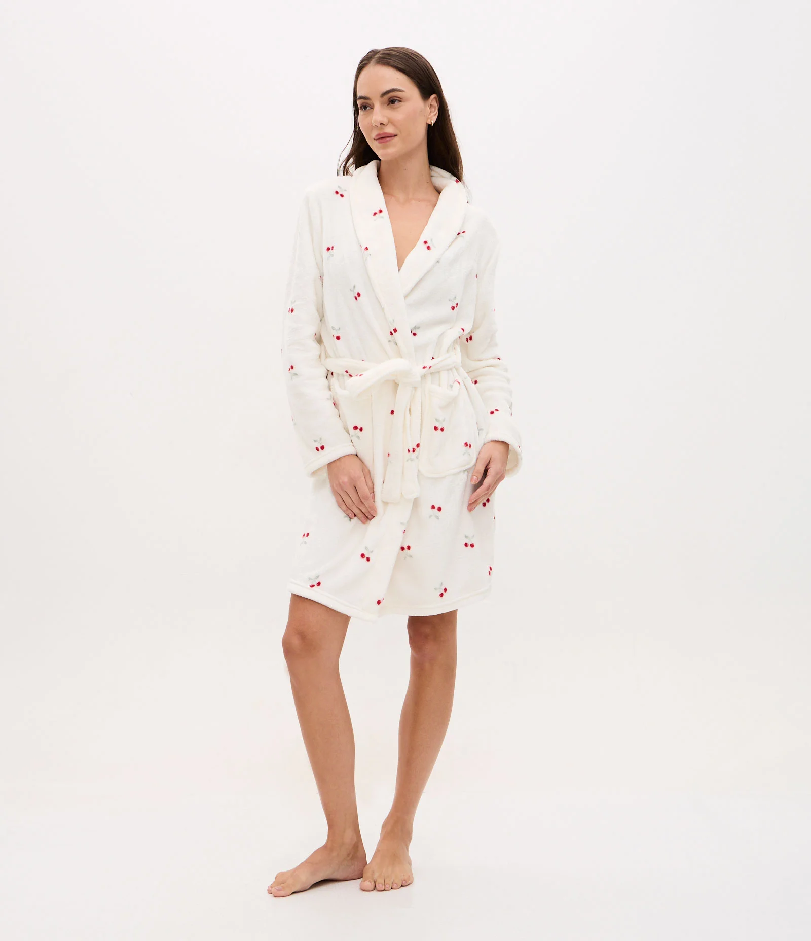 Robe Regular em Fleece com Estampa de Cerejas Branco 1