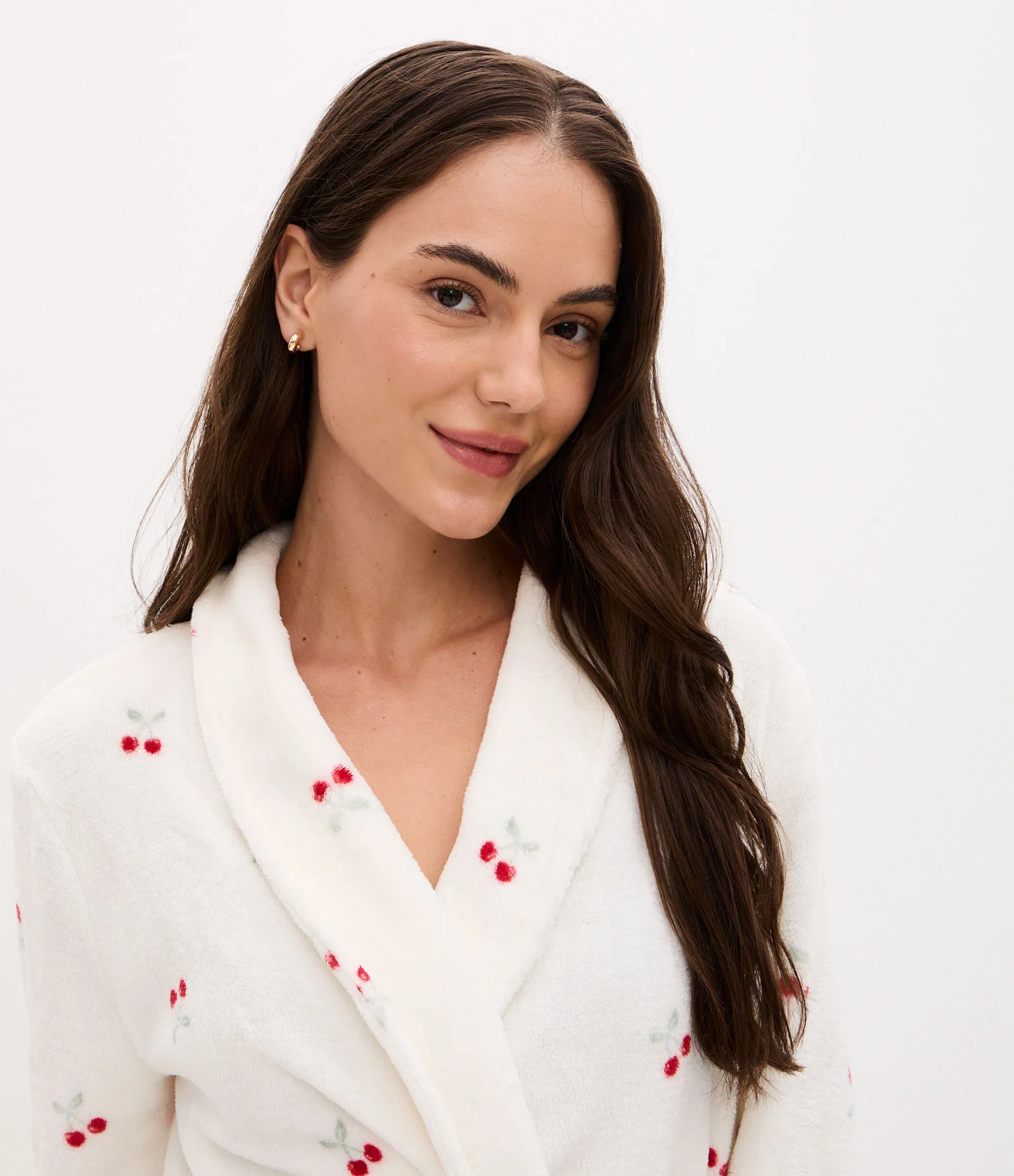 Robe Regular em Fleece com Estampa de Cerejas Branco 2