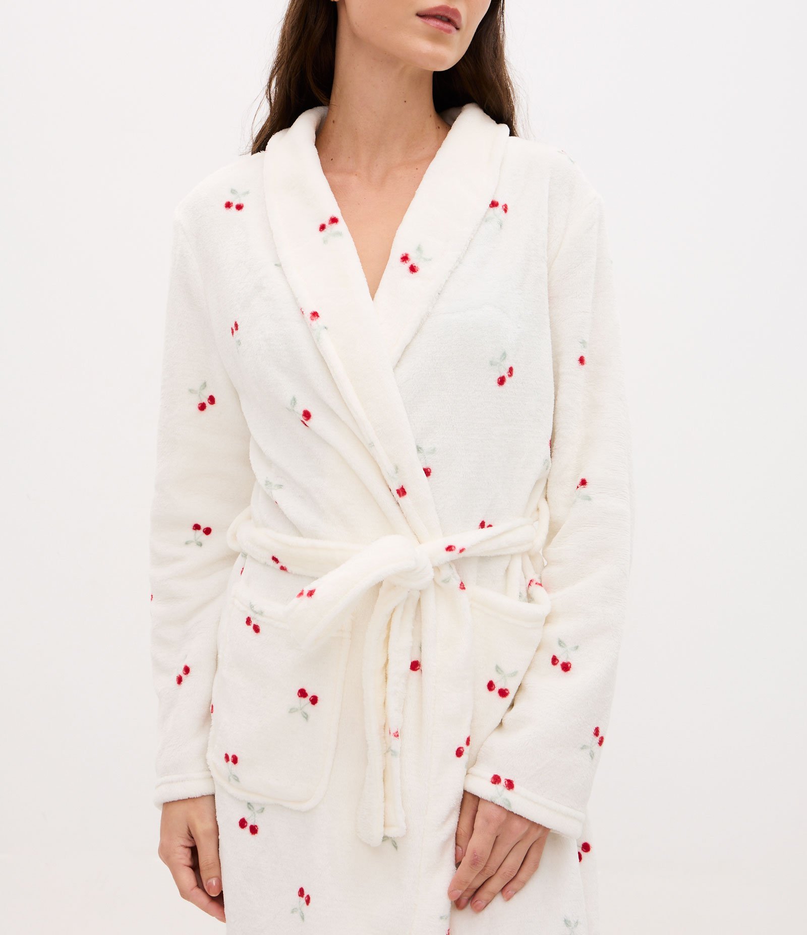 Robe Regular em Fleece com Estampa de Cerejas Branco 3