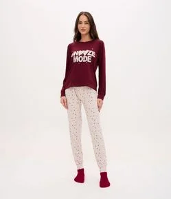 Pijama Longo em Peach Touch com Estampa Poá