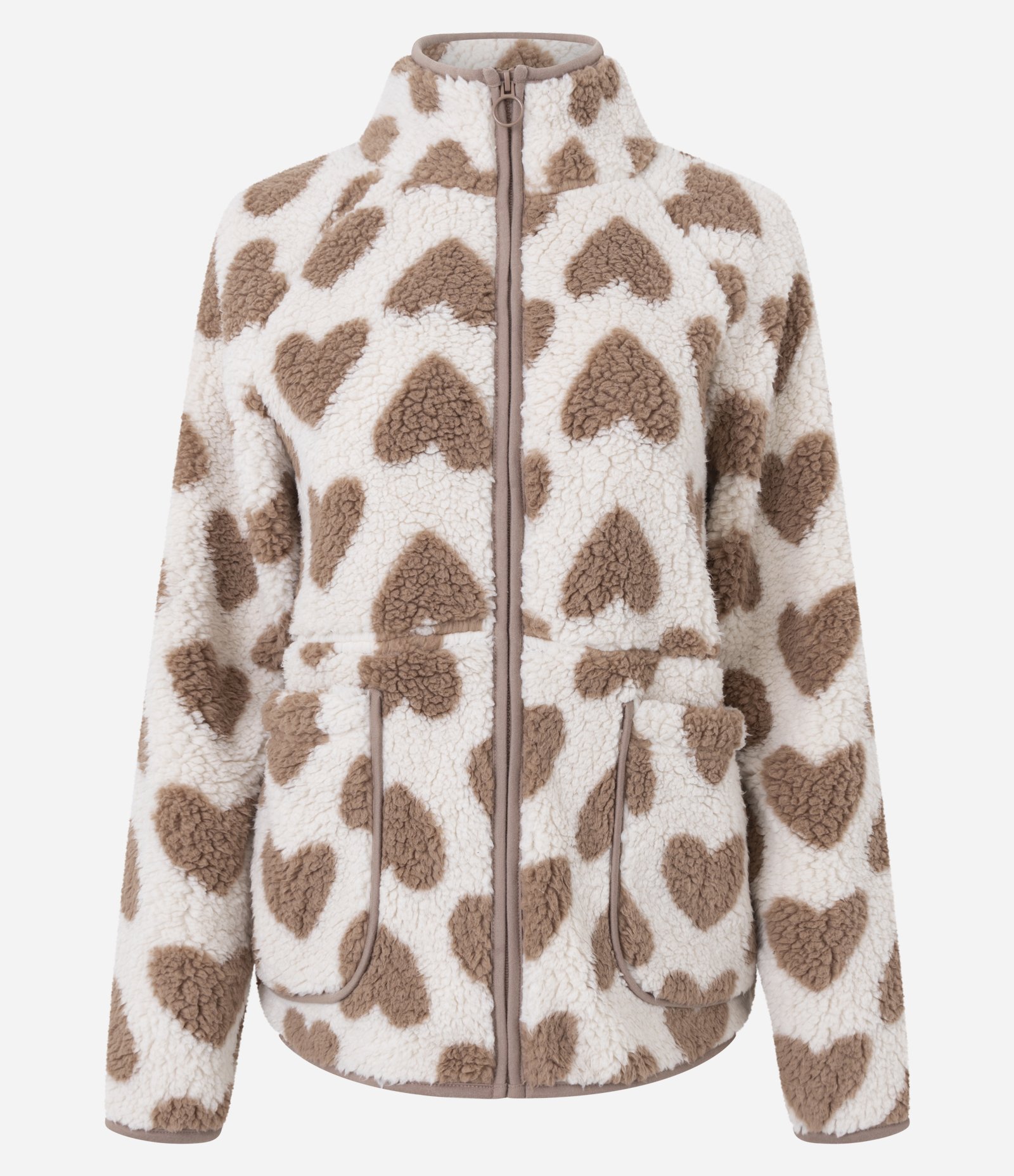 Robe em Sherpa com Zíper e Blocos de Cor Bege 1