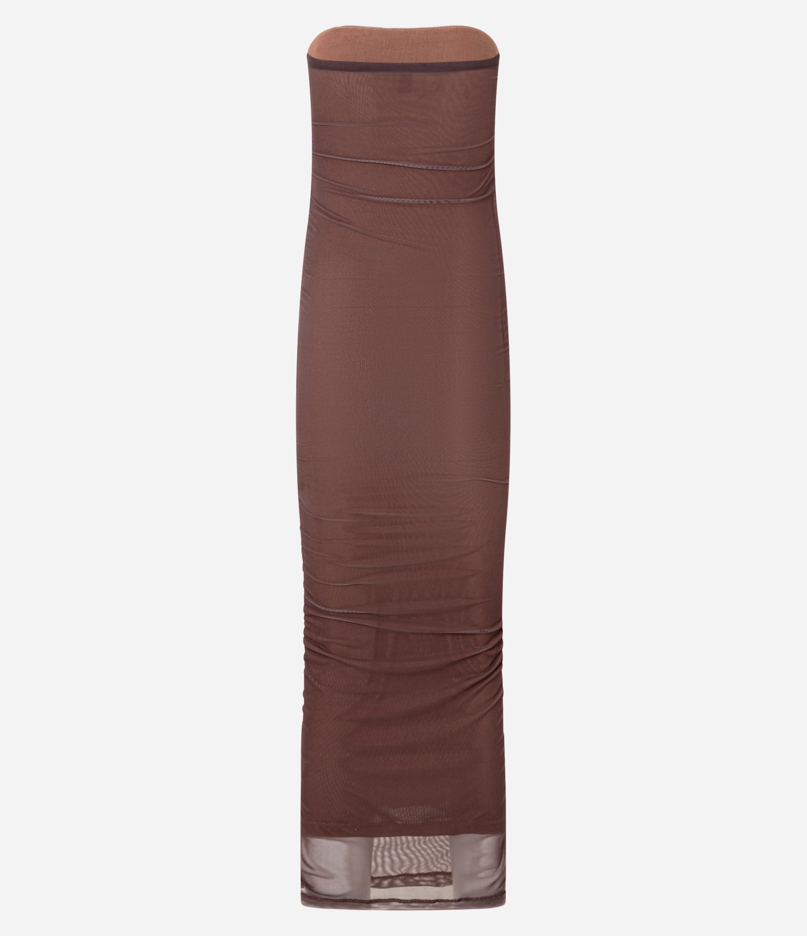 Vestido Ajustado New Midi em Tule com Franzidos Marrom 8