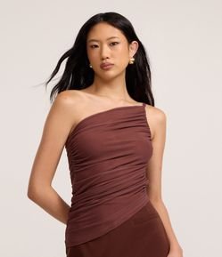 Blusa Ombro Só em Tule com Alça Fina e Franzidos