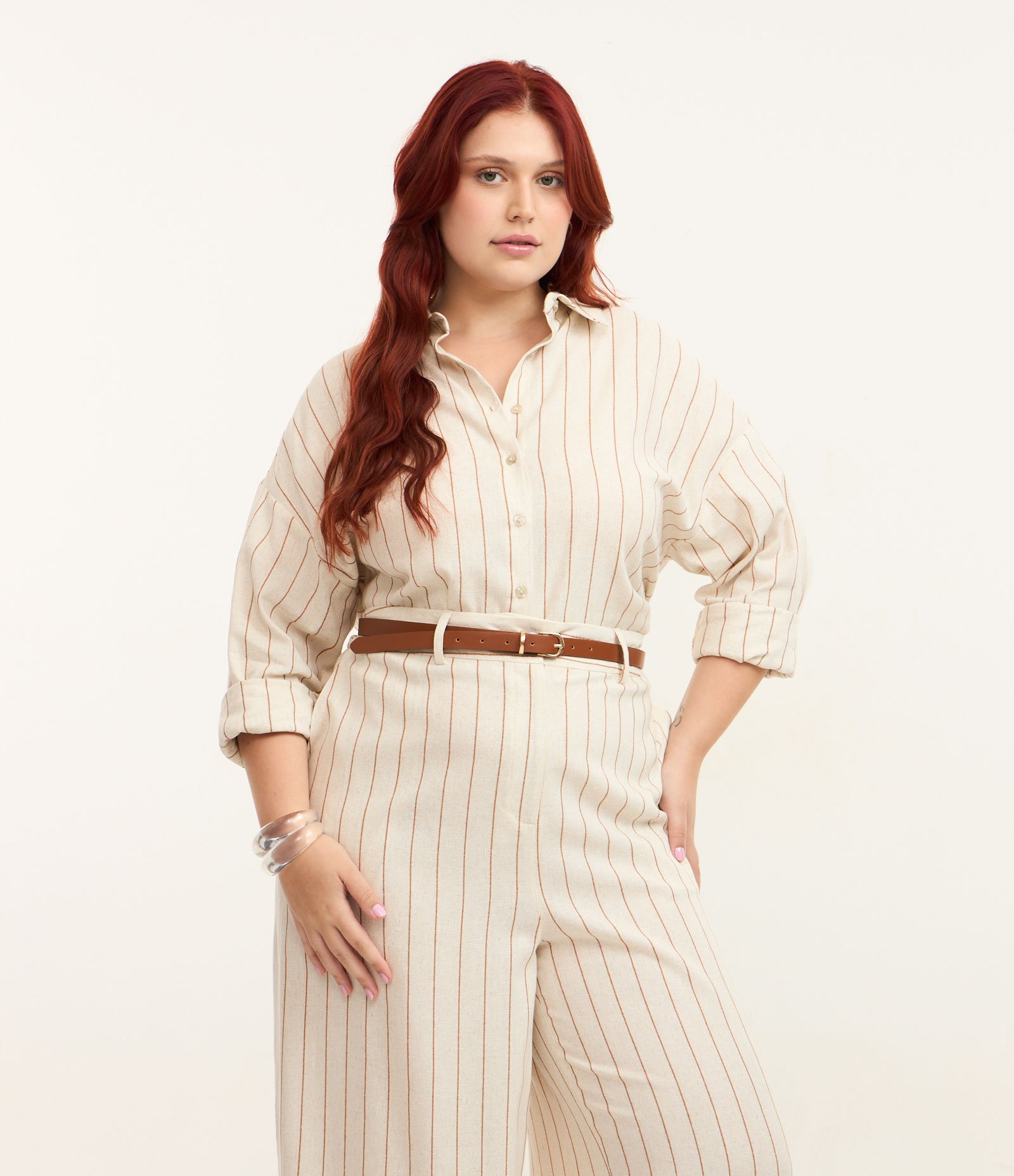 Camisa em Viscolinho Listrada com Lacinhos nas Costas Curve & Plus Size Off White 1