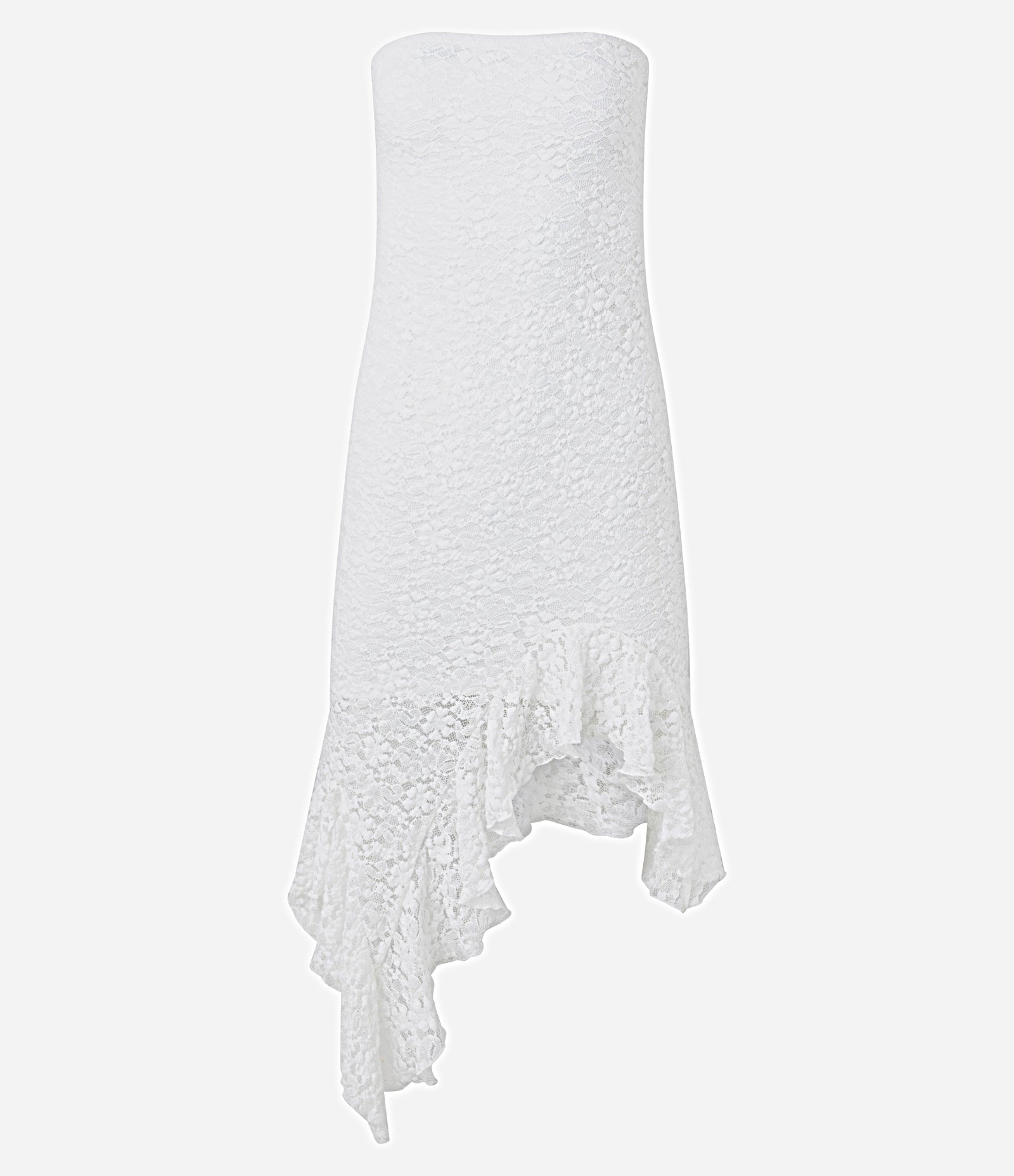 Vestido Tomara que Caia em Renda com Babado Assimétrico Branco 4