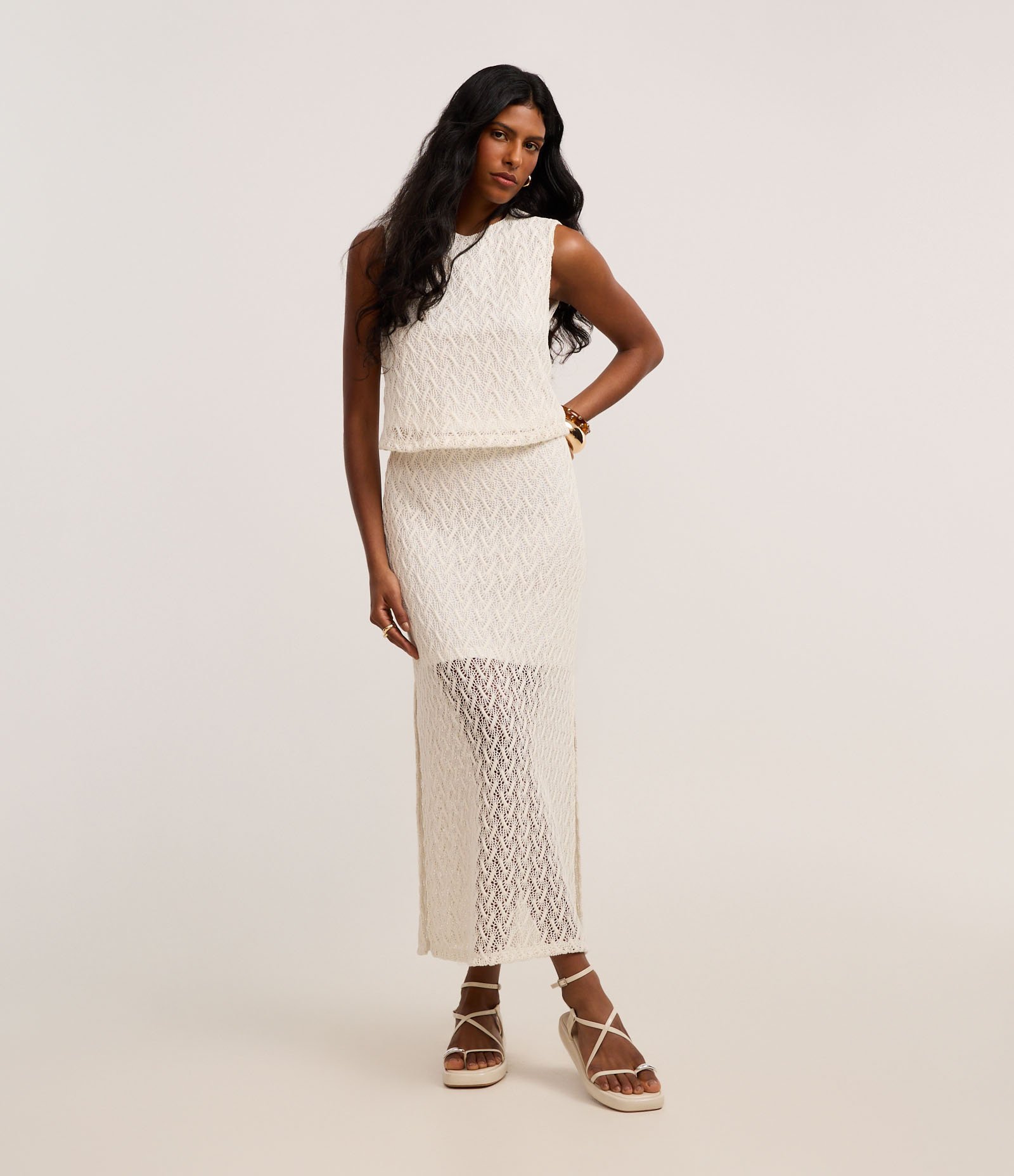 Saia Midi em Renda de Efeito Crochê Off White 1