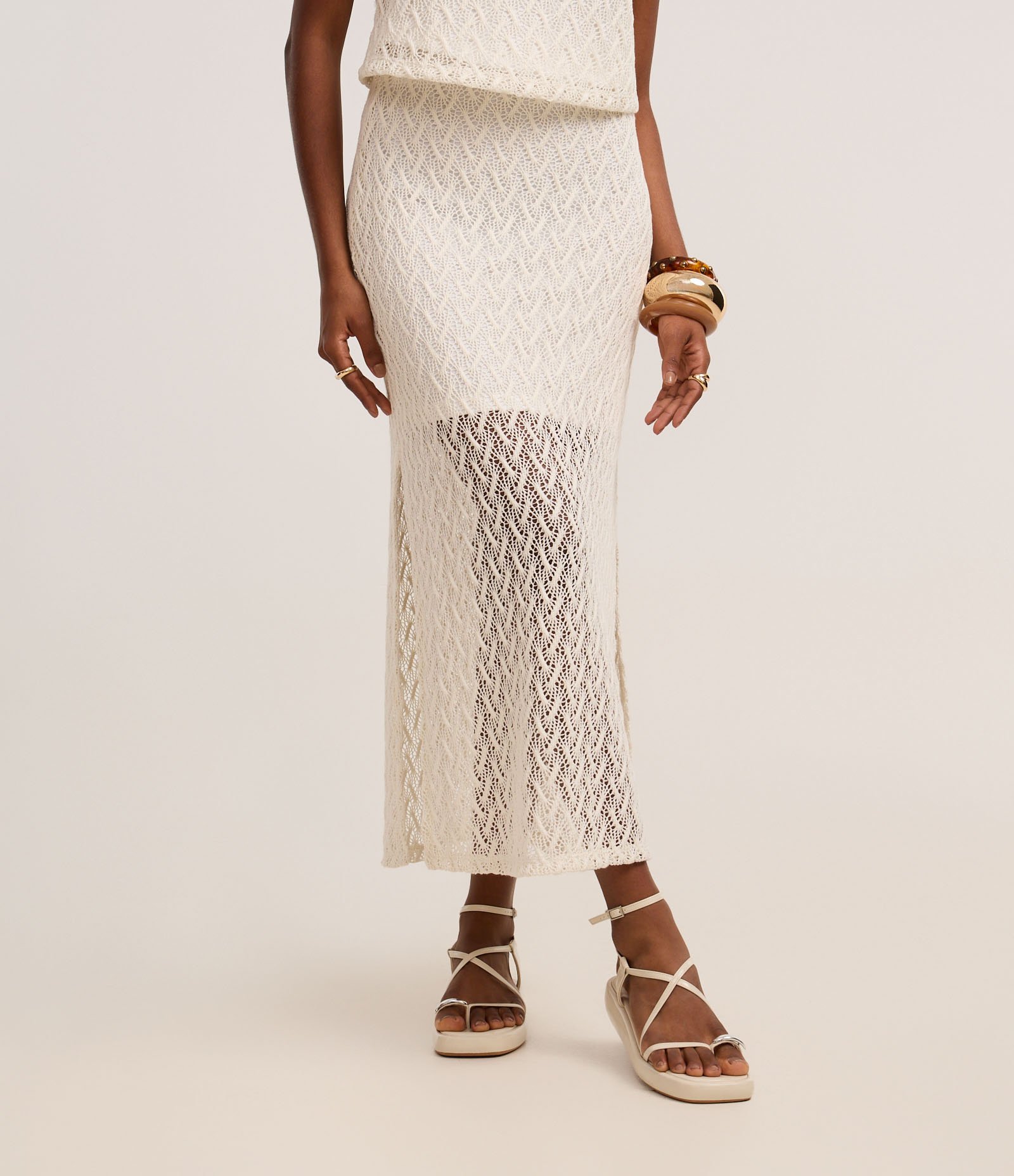 Saia Midi em Renda de Efeito Crochê Off White 3