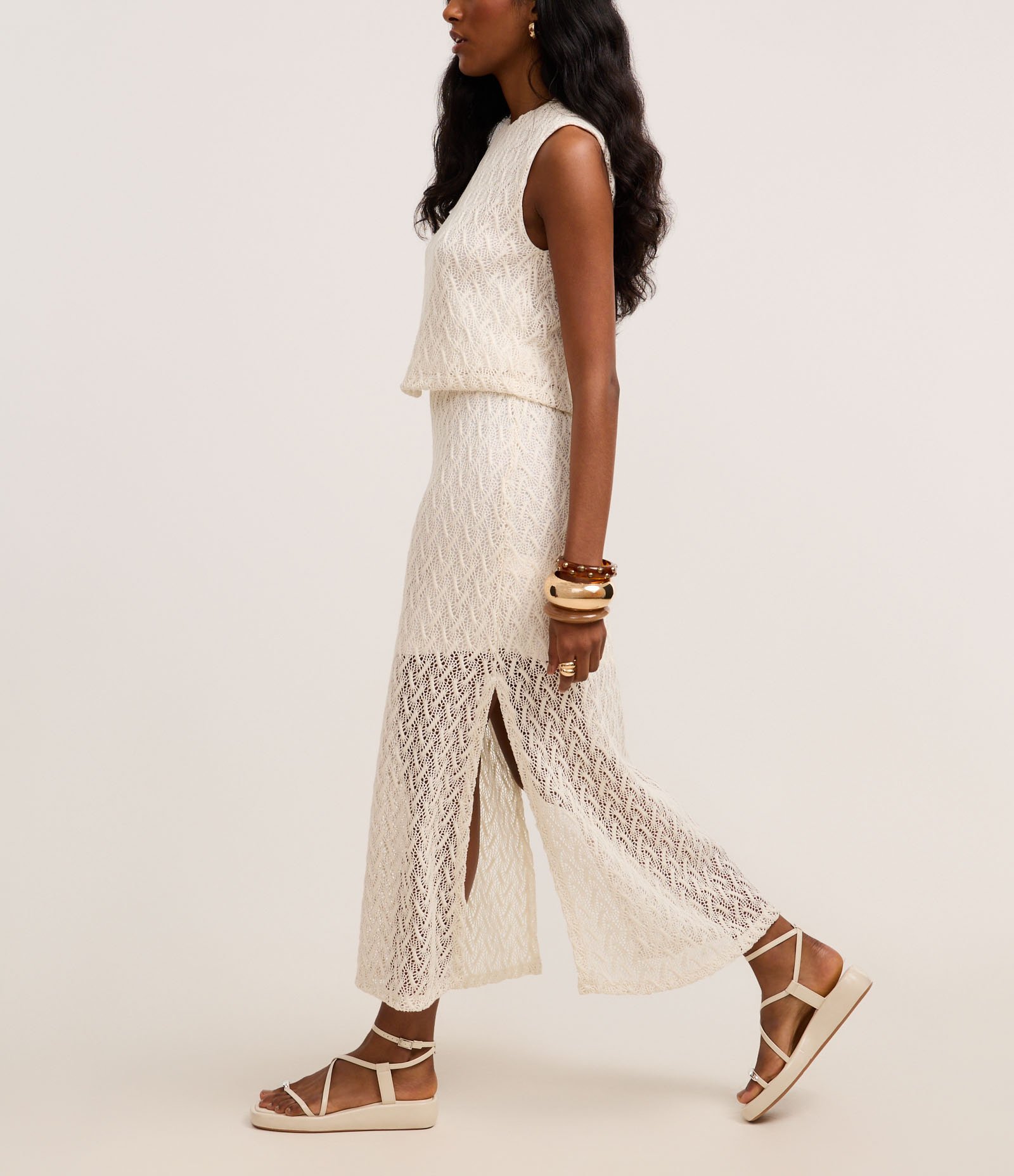 Saia Midi em Renda de Efeito Crochê Off White 5