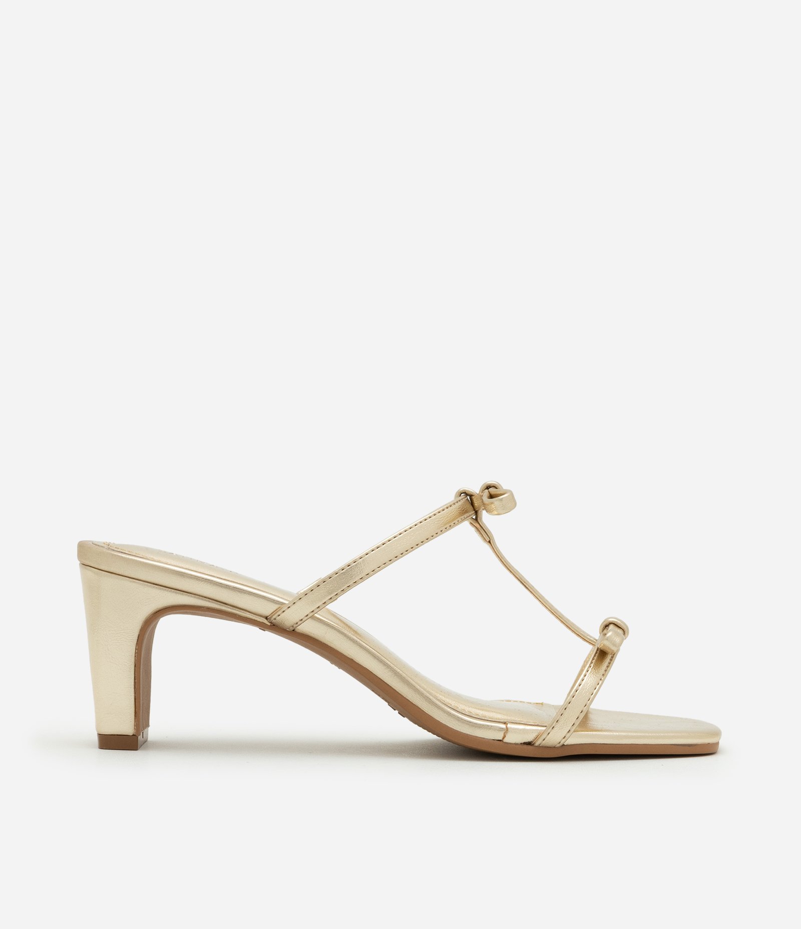 Sandália Mule com Tiras Finas e Lacinhos Dourado 1