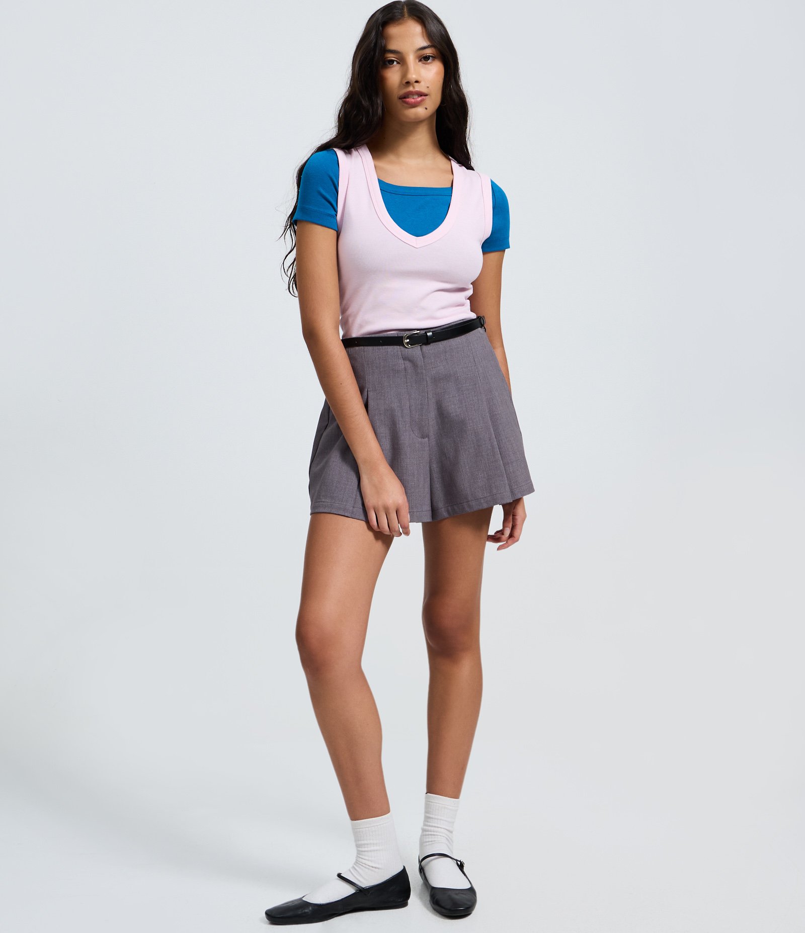 Blusa Básico em Ribana com Decote V Rosa Claro 2